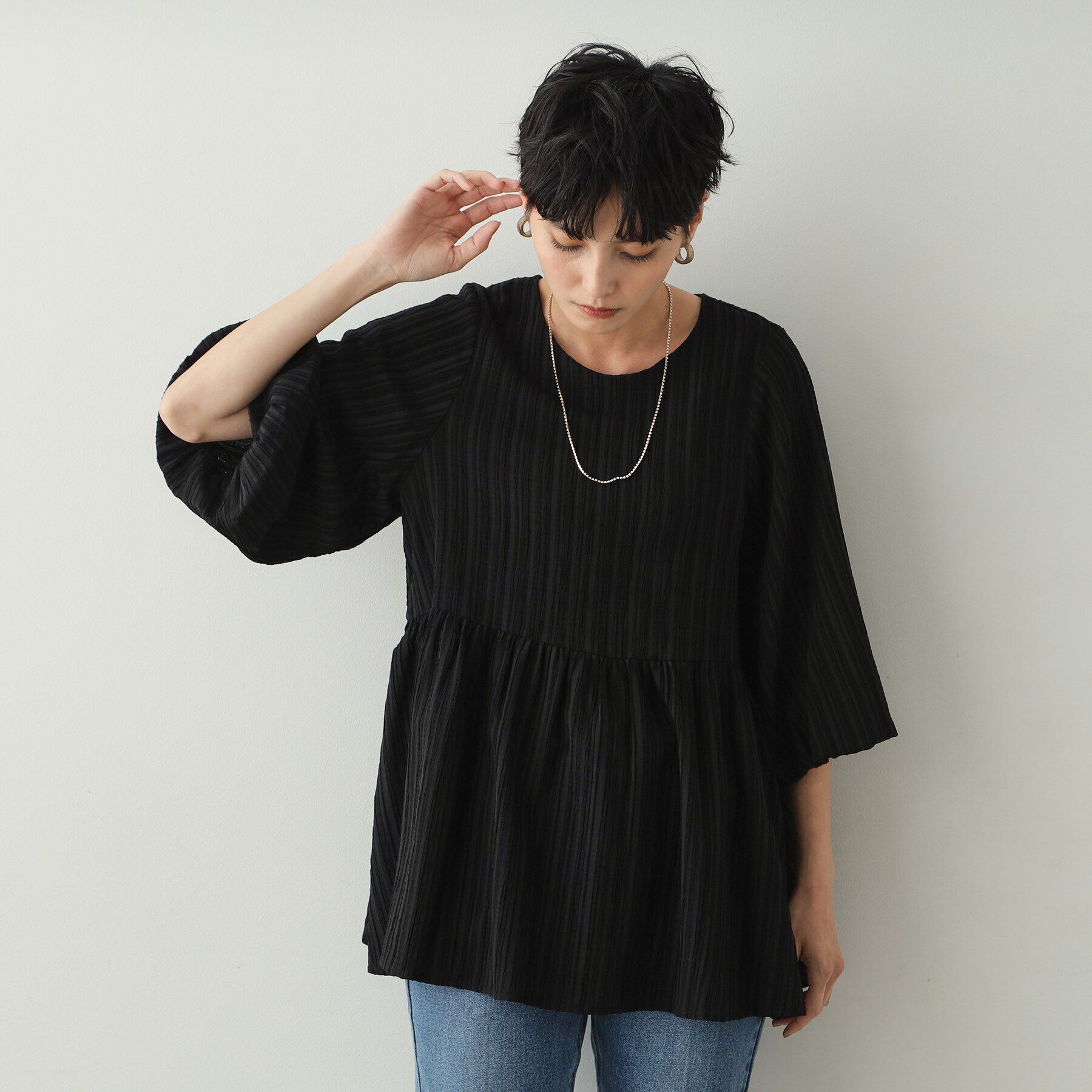 OPAQUE.CLIP「ジャカードペプラムブラウス【洗濯機洗い可】」|シャツ・ブラウス|ブラック(019)