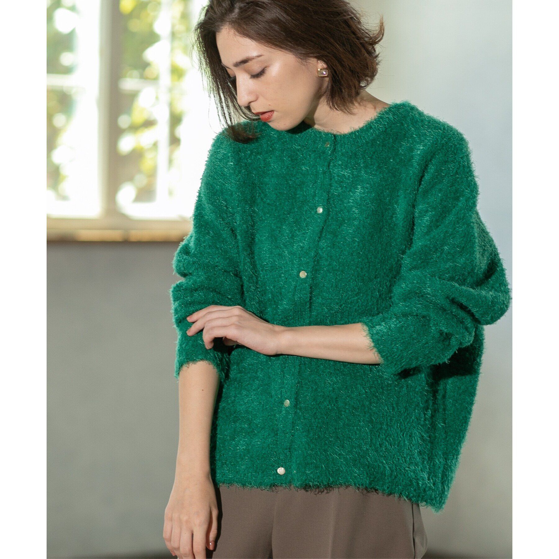 OPAQUE.CLIP「《BAILA掲載》シャギーニットミドルカーディガン【洗濯機洗い可】」|カーディガン|グリーン(022)