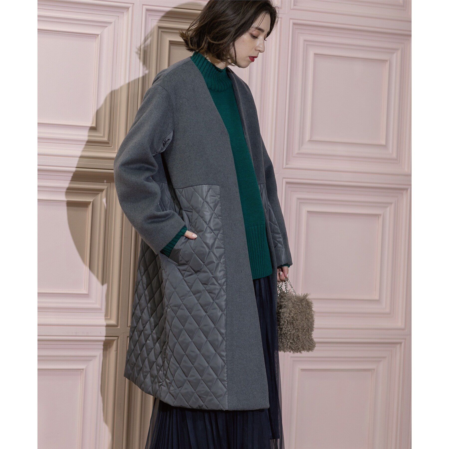 OPAQUE.CLIP「《S-LLsize》ウールカシミヤブレンド キルティングドッキングコート」|ノーカラーコート|