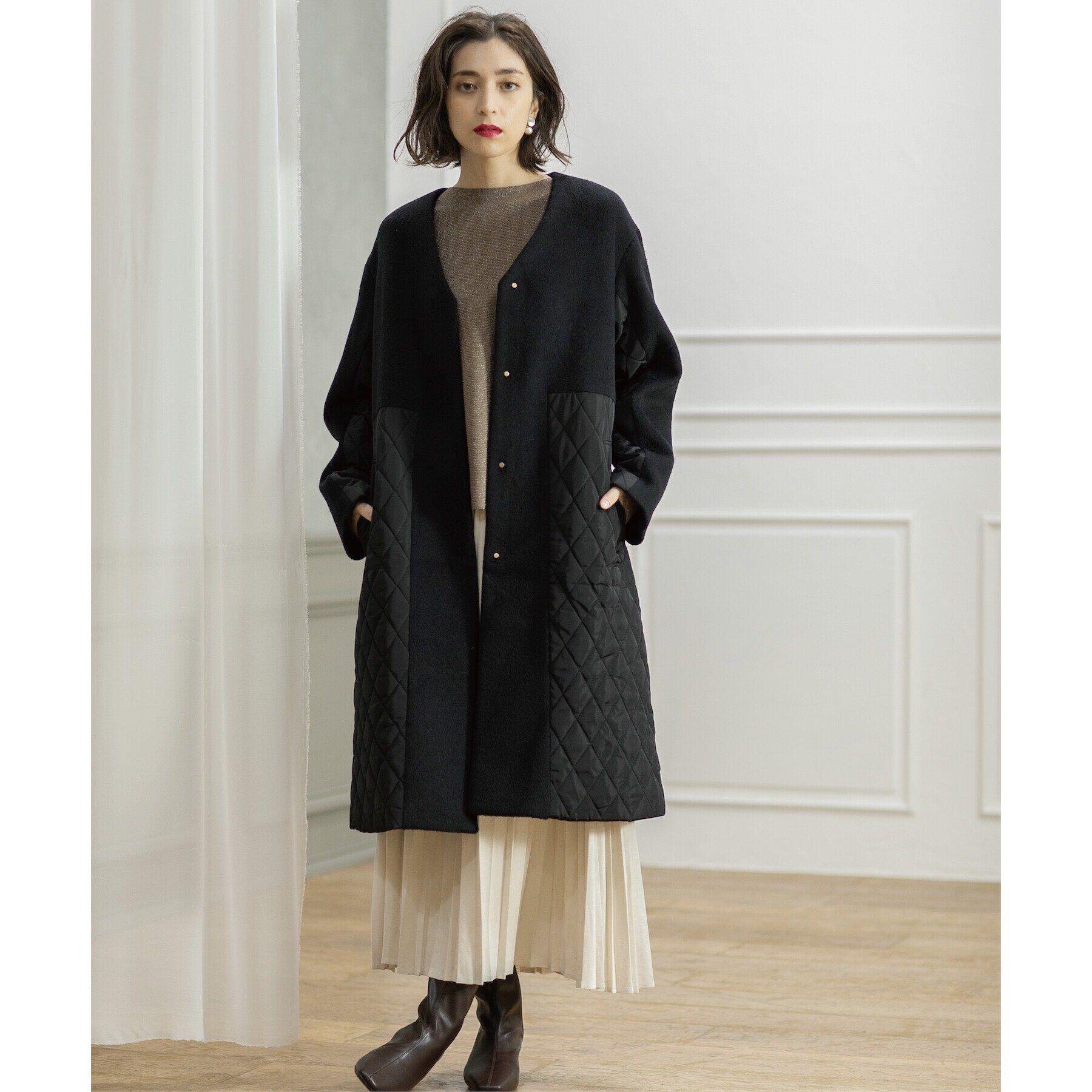 OPAQUE.CLIP「《S-LLsize》ウールカシミヤブレンド キルティングドッキングコート」|ノーカラーコート|