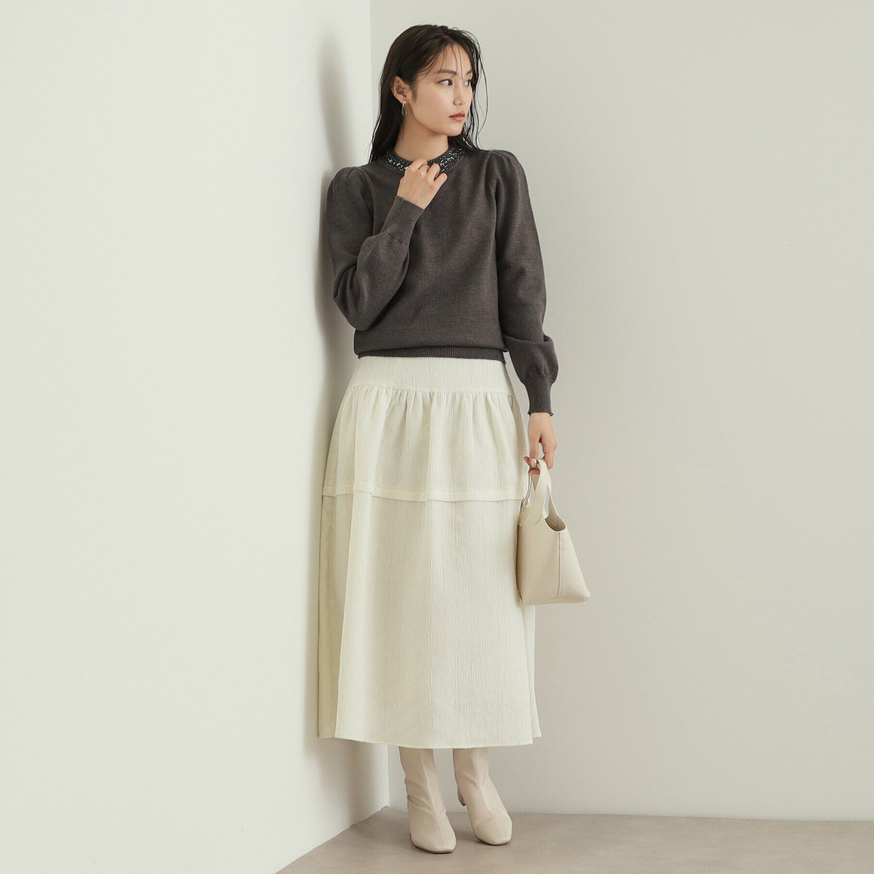 OPAQUE.CLIP「《美人百花掲載》ビジューネックパフスリーブニット【洗える】」|ニット・セーター|