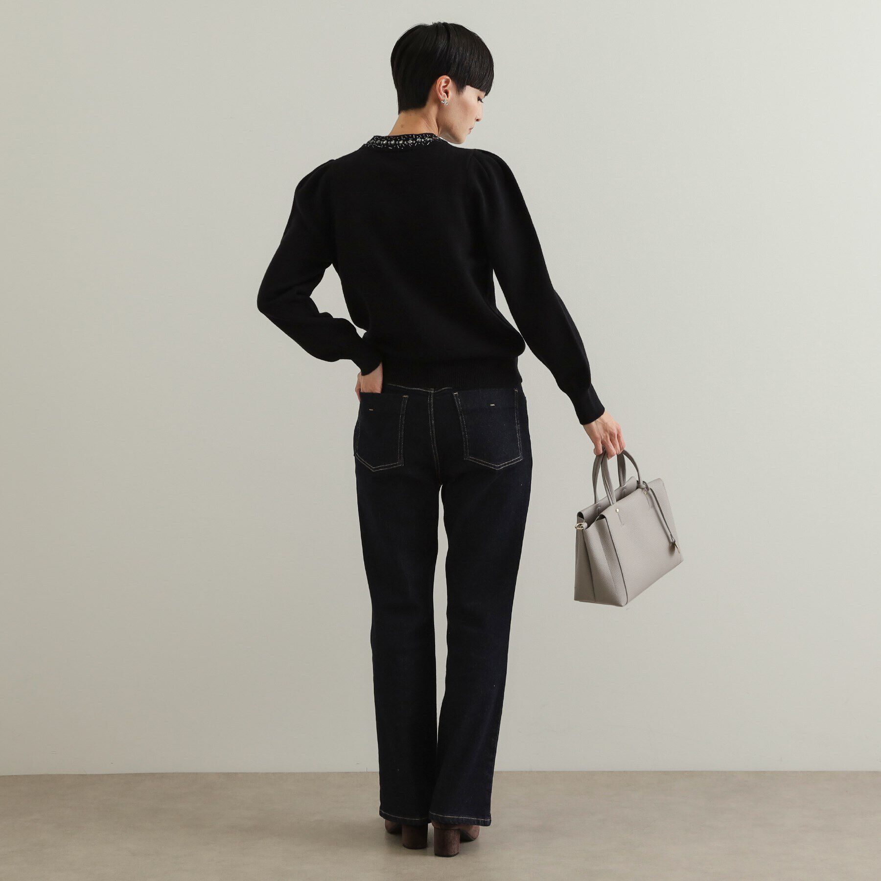 OPAQUE.CLIP「《美人百花掲載》ビジューネックパフスリーブニット【洗える】」|ニット・セーター|