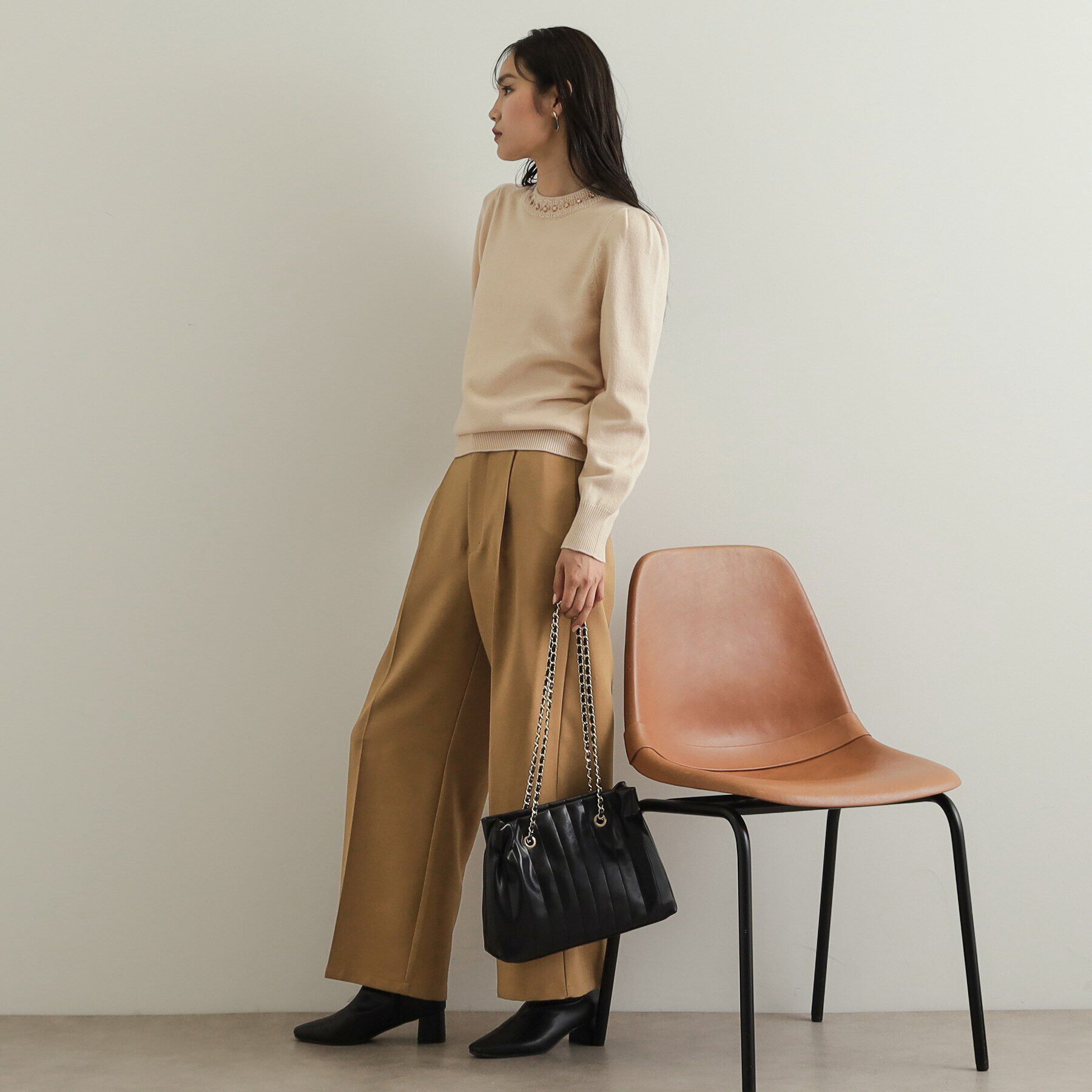 OPAQUE.CLIP「《美人百花掲載》ビジューネックパフスリーブニット【洗える】」|ニット・セーター|