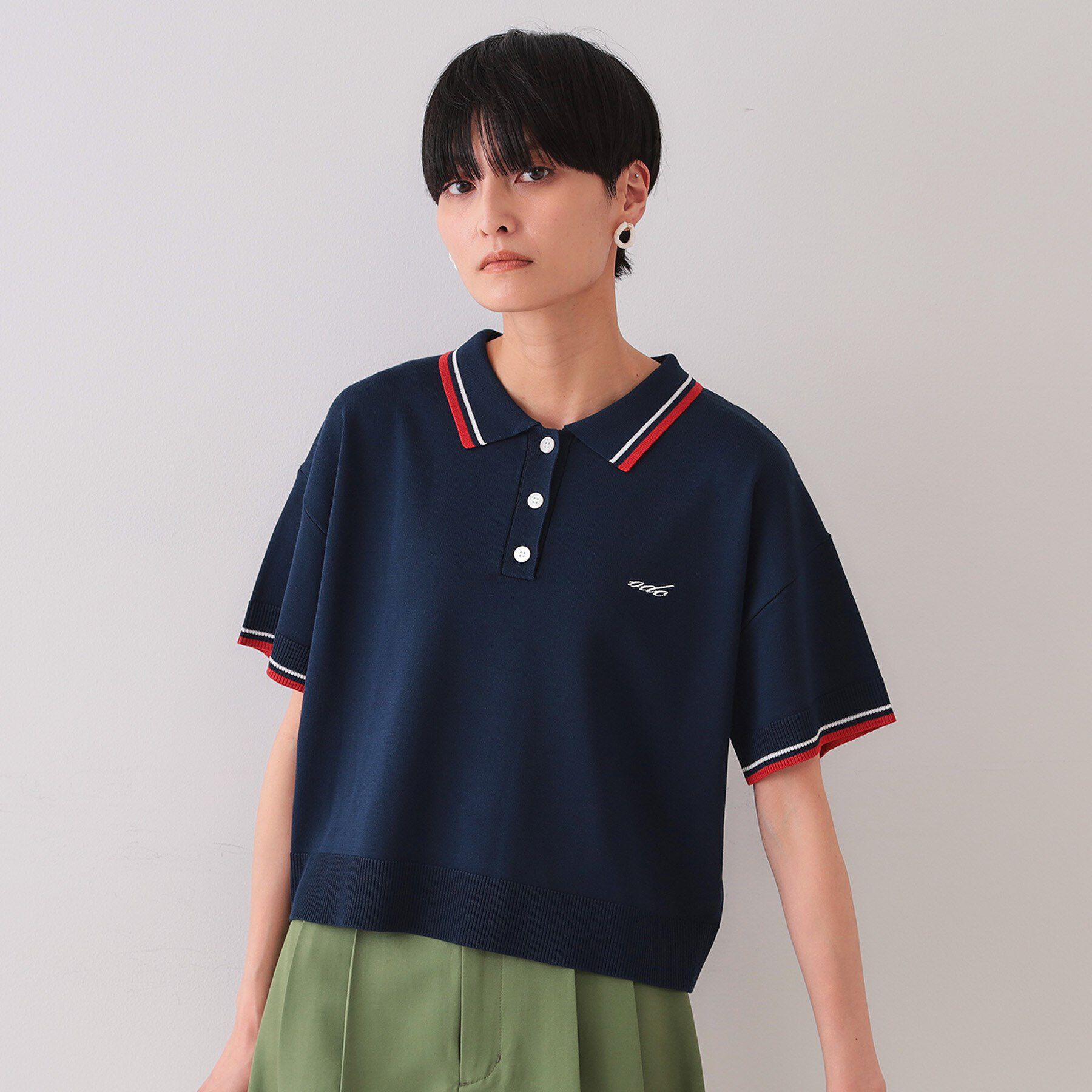 OPAQUE.CLIP「ロゴ刺繍ポロニット【洗濯機洗い可／抗ピル】」|ニット・セーター|ネイビー(094)