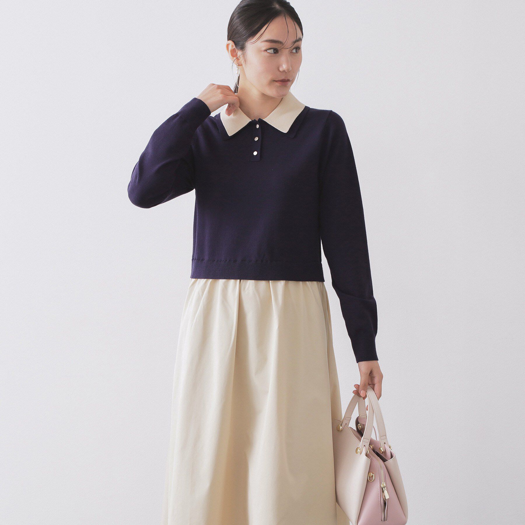 OPAQUE.CLIP「ダブルポロ衿ニットドッキングワンピース【洗濯機OK】」|ワンピース|ネイビー(594)