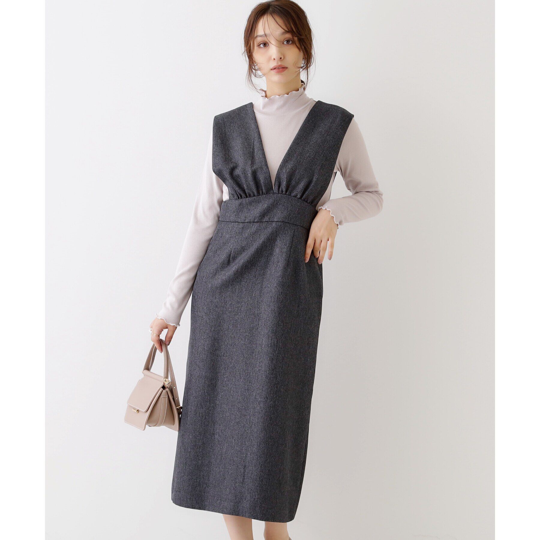 Couture broach「【洗える・スッキリ見え最旬ワンピ】メランジヘリンボーンジャンスカ」|ワンピース|ﾁｬｺｰﾙｸﾞﾚｰ(014)