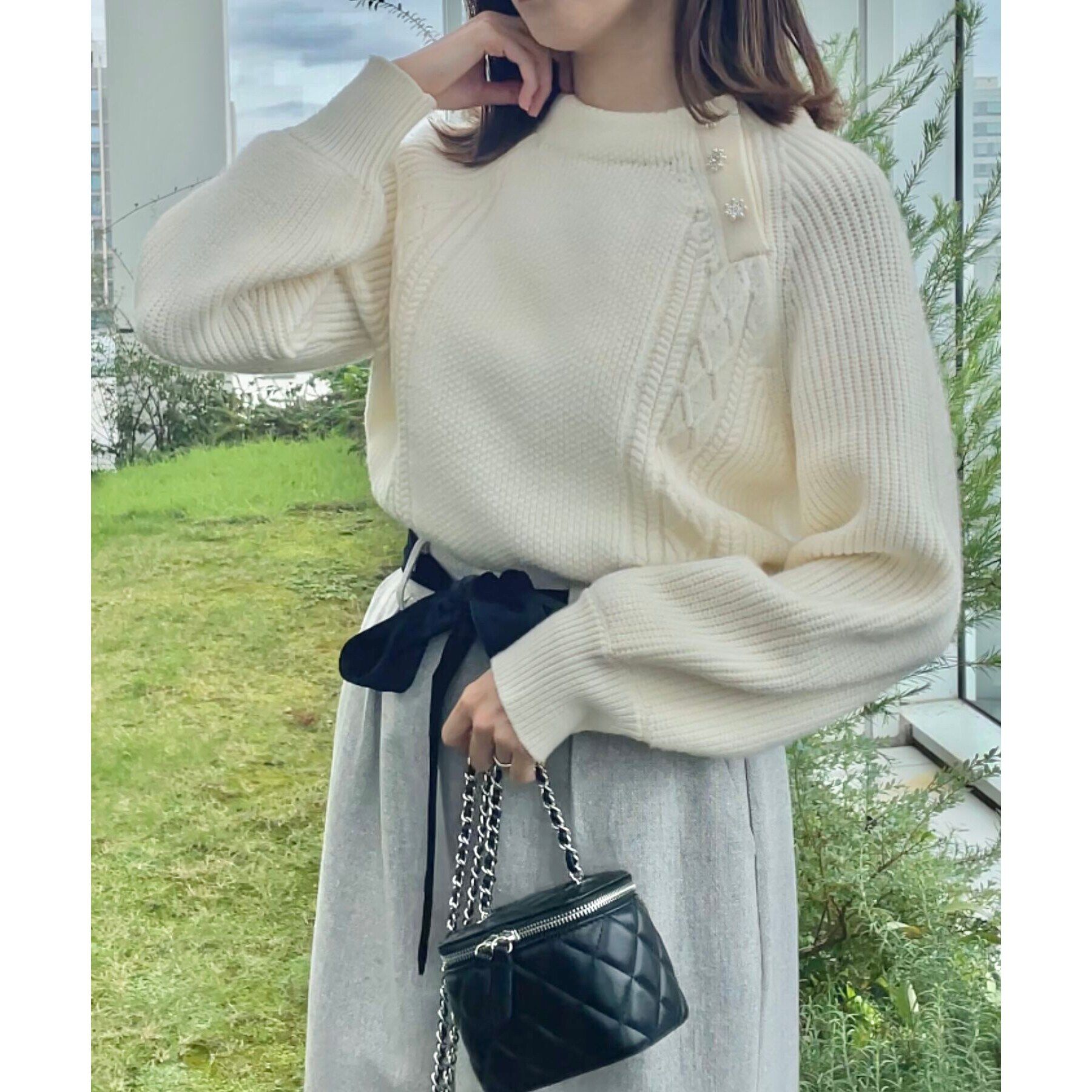 Couture broach「【大人フェミニン・ぽわん袖】スノー釦アラン柄ニット」|ニット・セーター|