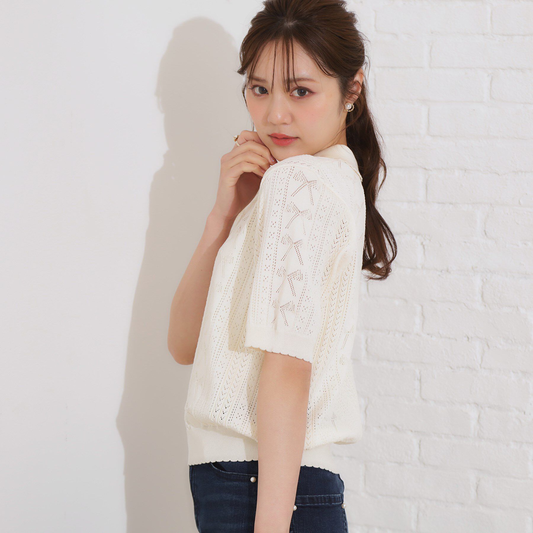 Couture broach「【洗える・大人可愛い】リボン透かし柄ポロニット」|ニット・セーター|