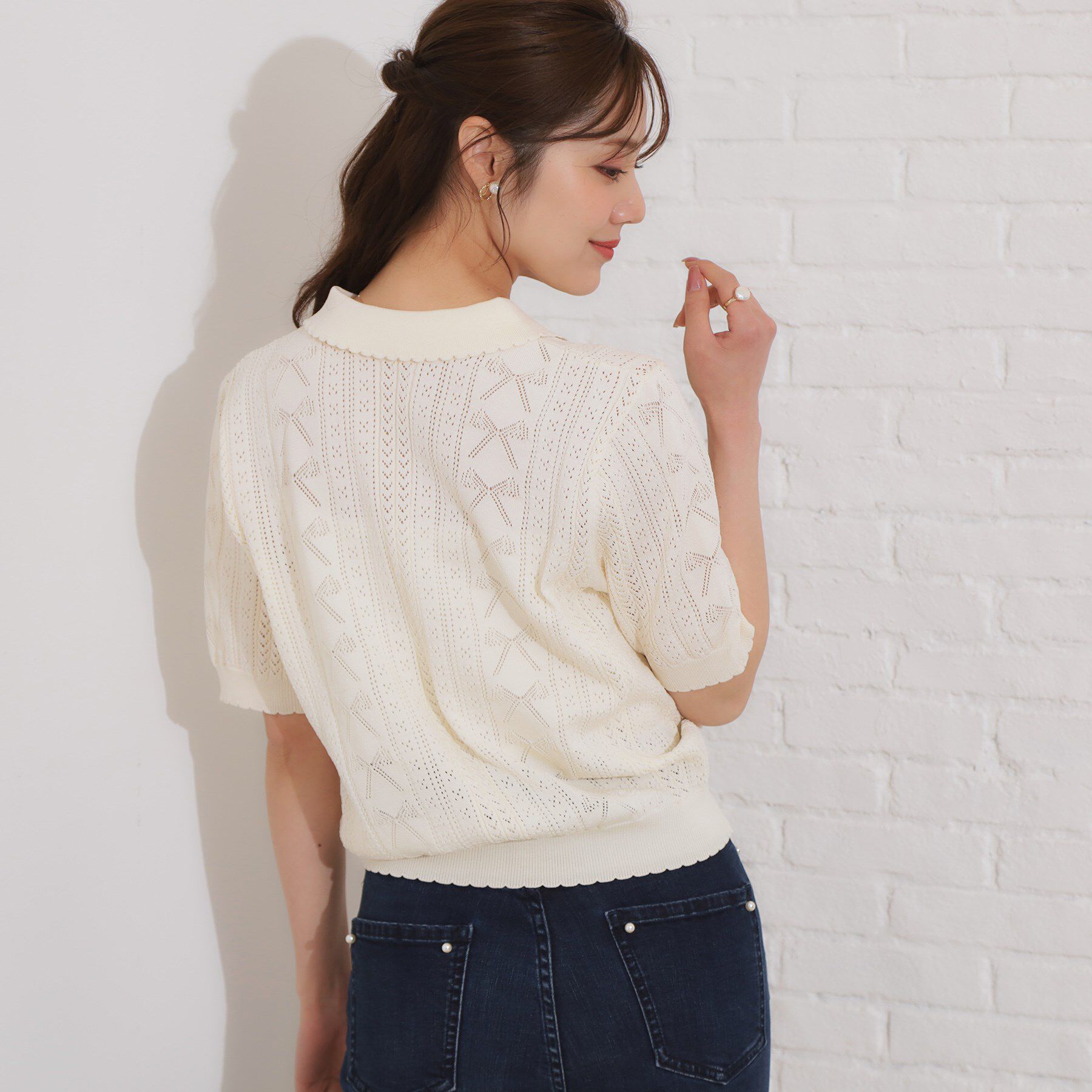 Couture broach「【洗える・大人可愛い】リボン透かし柄ポロニット」|ニット・セーター|