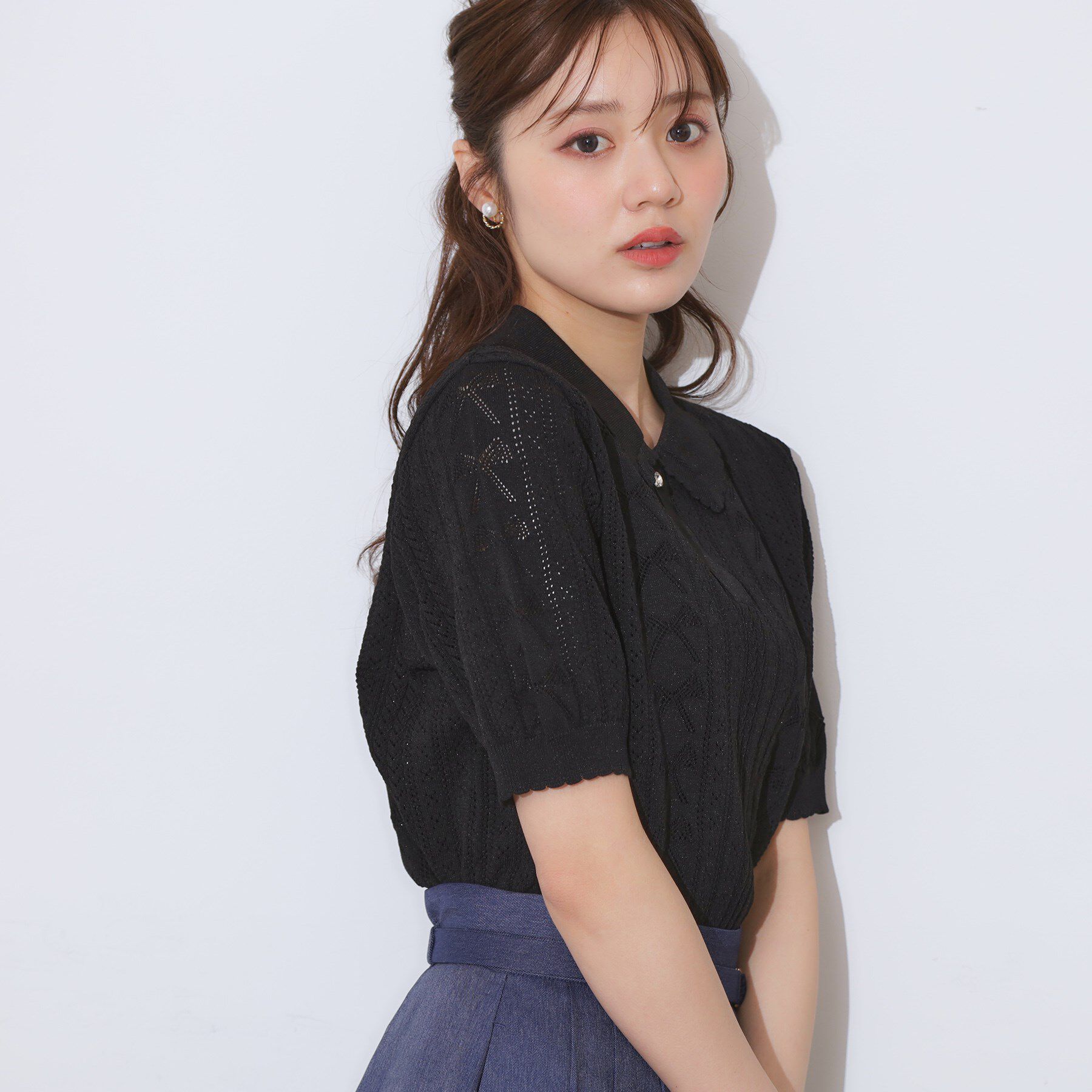 Couture broach「【洗える・大人可愛い】リボン透かし柄ポロニット」|ニット・セーター|ブラック(019)