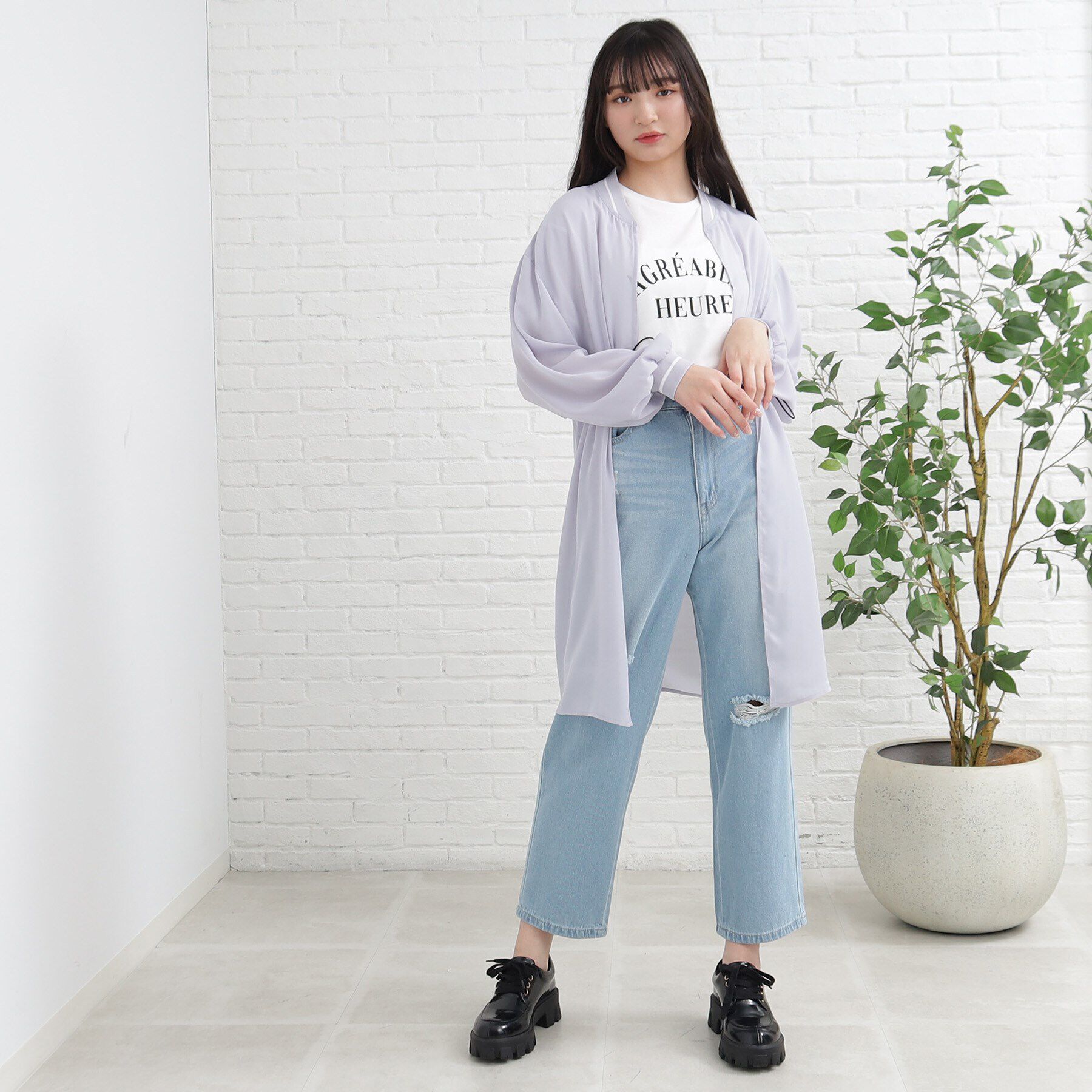 PINK-latte「【UV/セットアイテム】透けロングブルゾン+TシャツSET」|ブルゾン・スタジャン|