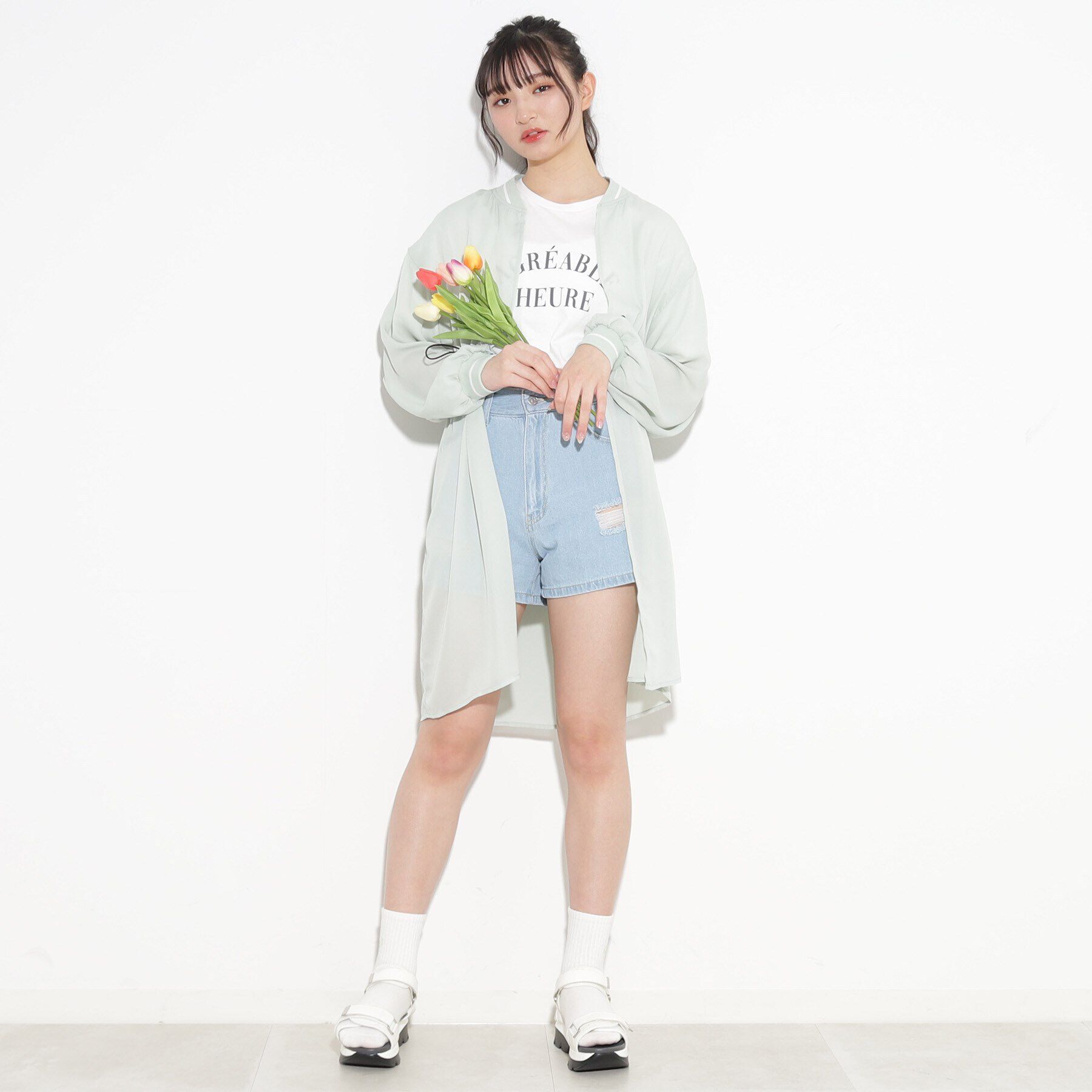 PINK-latte「【UV/セットアイテム】透けロングブルゾン+TシャツSET」|ブルゾン・スタジャン|