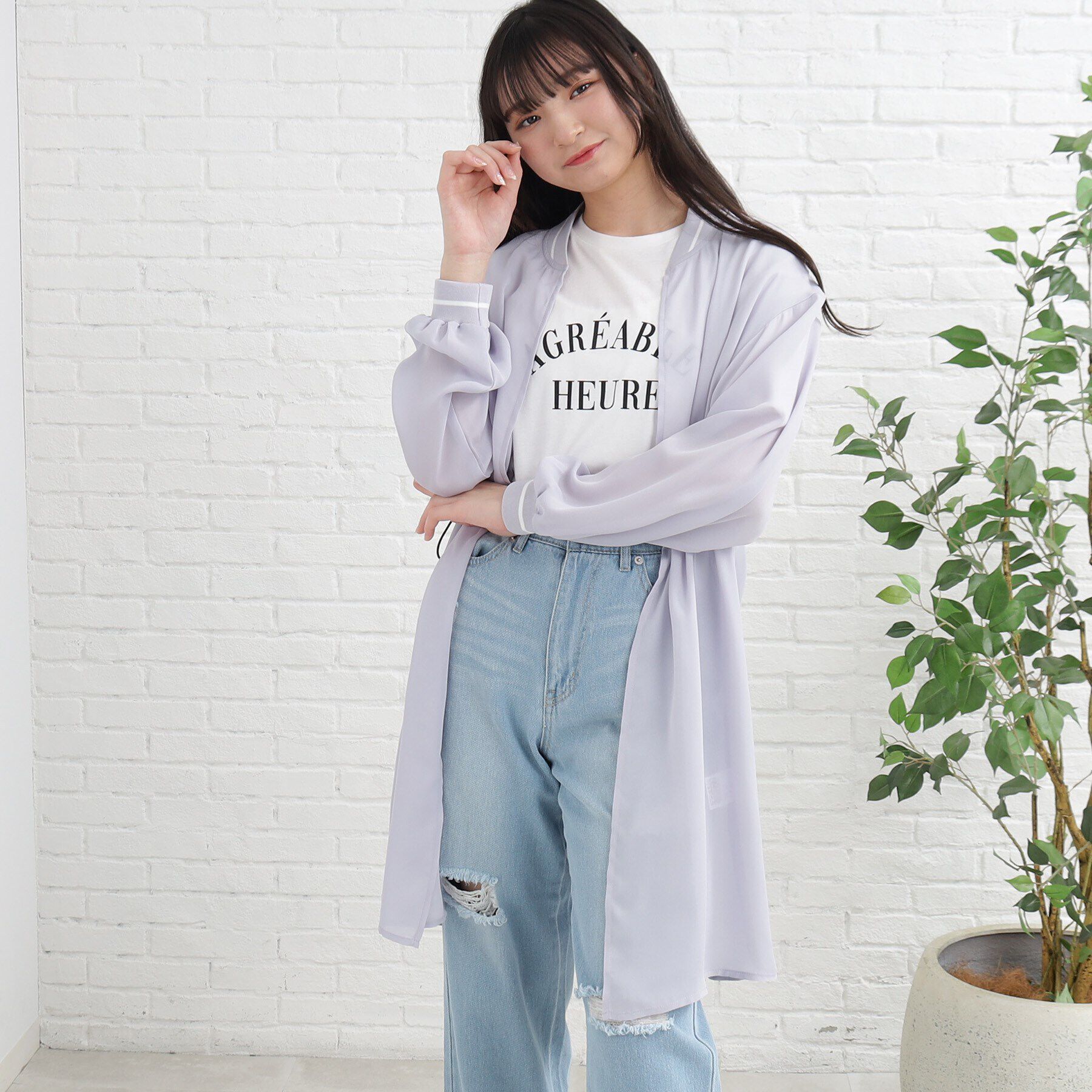 PINK-latte「【UV/セットアイテム】透けロングブルゾン+TシャツSET」|ブルゾン・スタジャン|ライトグレー(011