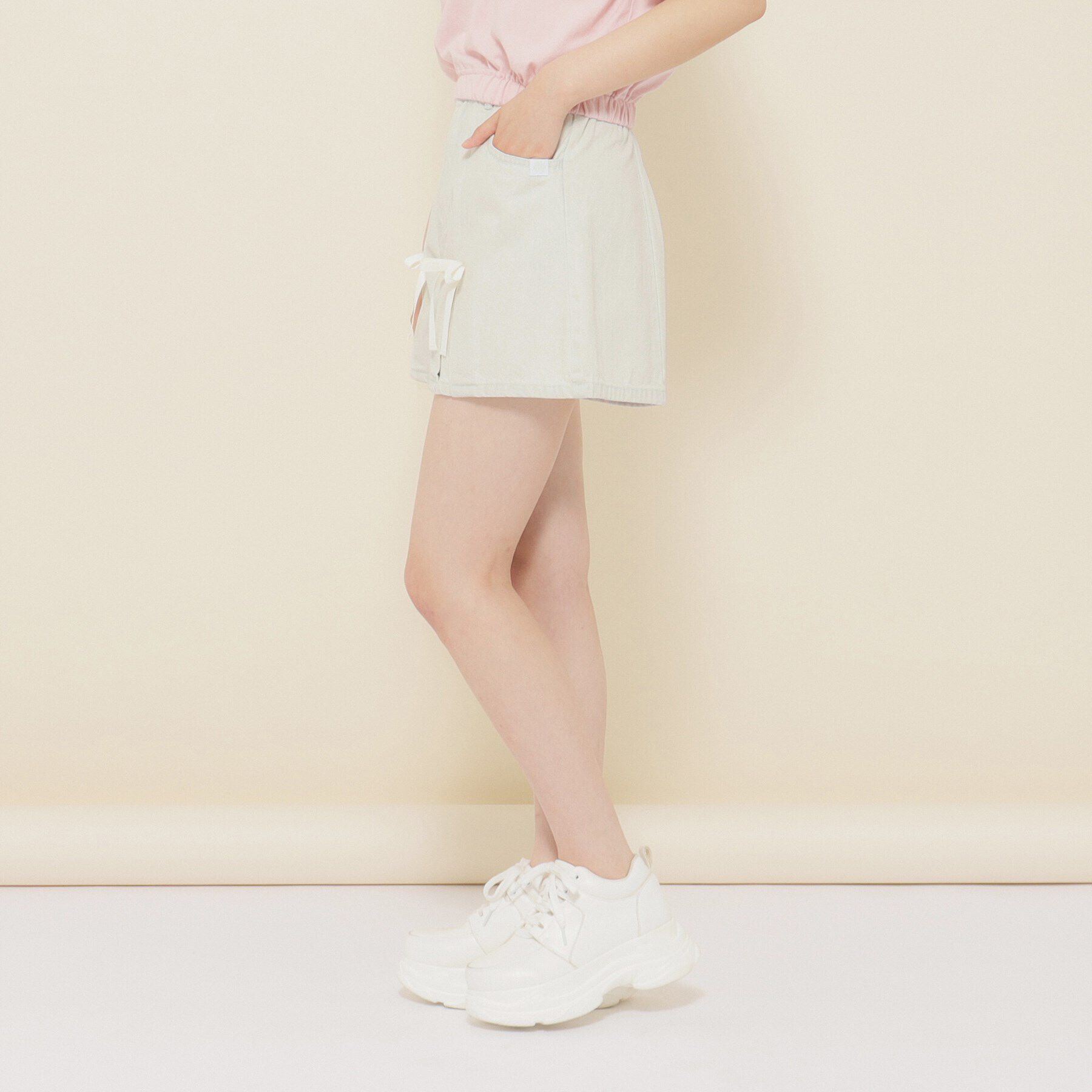 PINK-latte「【ニコラ10月号掲載/130cmあり】リボン付きデニムショートパンツ」|その他|