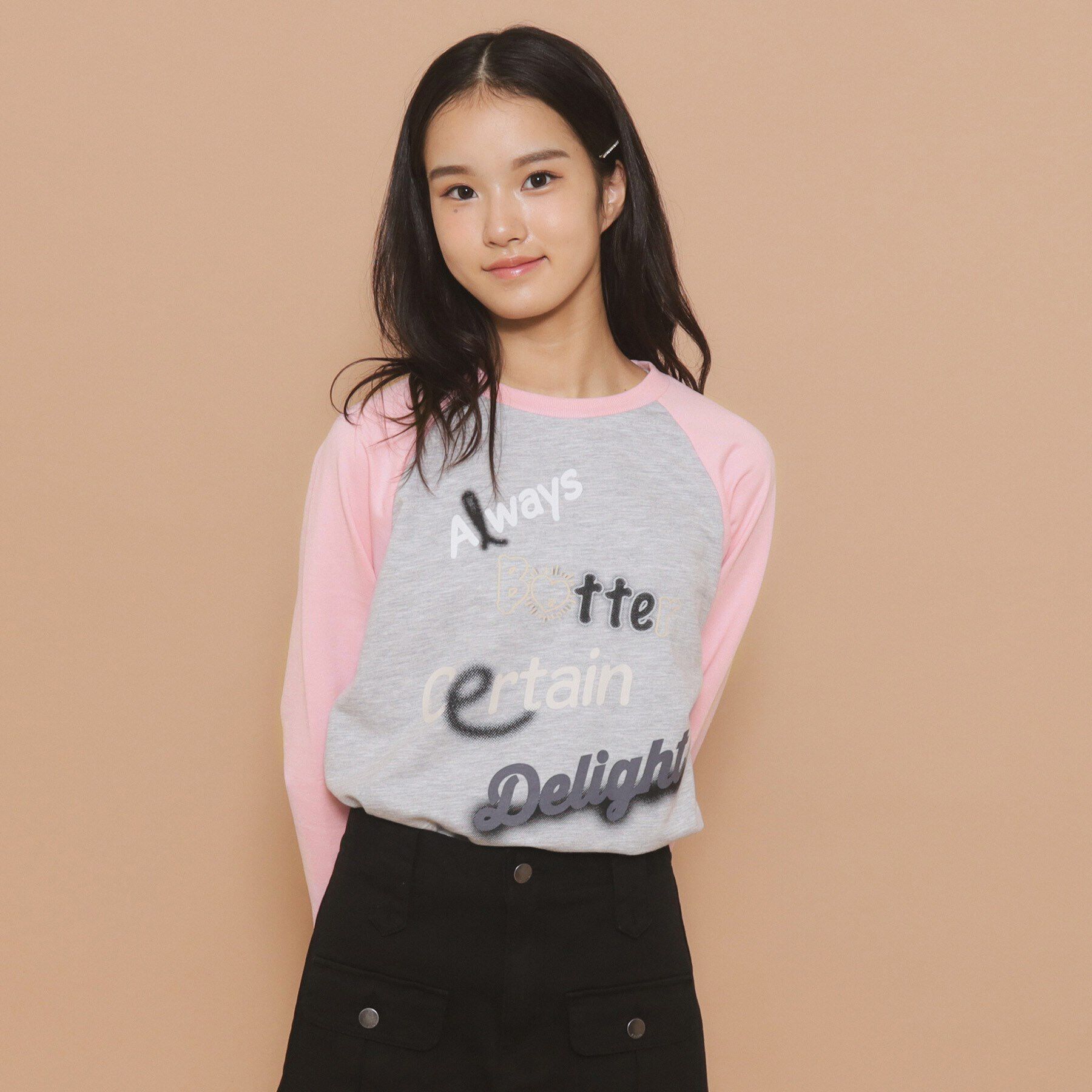 PINK-latte「【130cmあり】グラフィックロゴ ラグランTシャツ」|Tシャツ・カットソー|グレー(012)