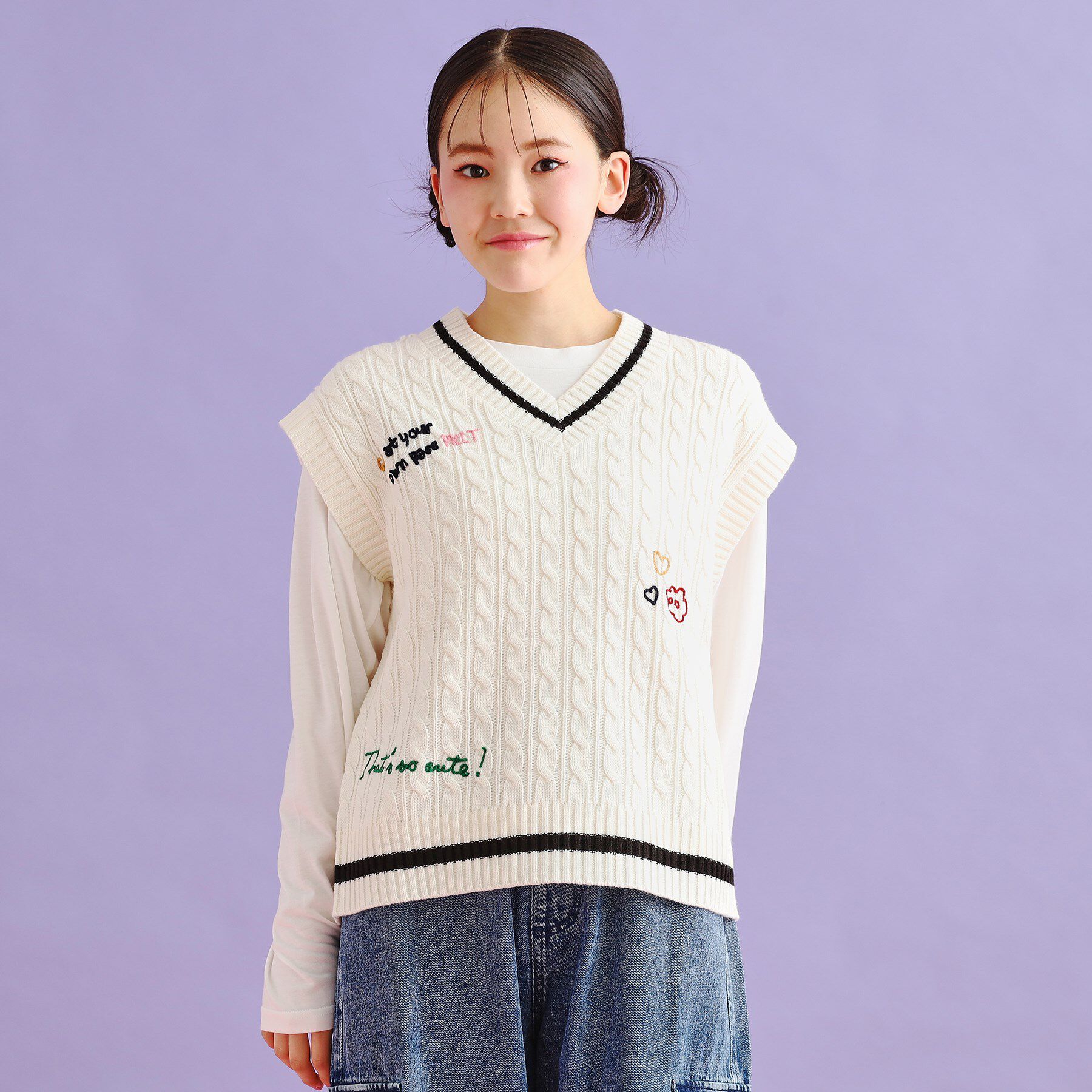 PINK-latte「【SETアイテム】手書き風ニットベスト＋ロンTセット」|その他|オフホワイト(003