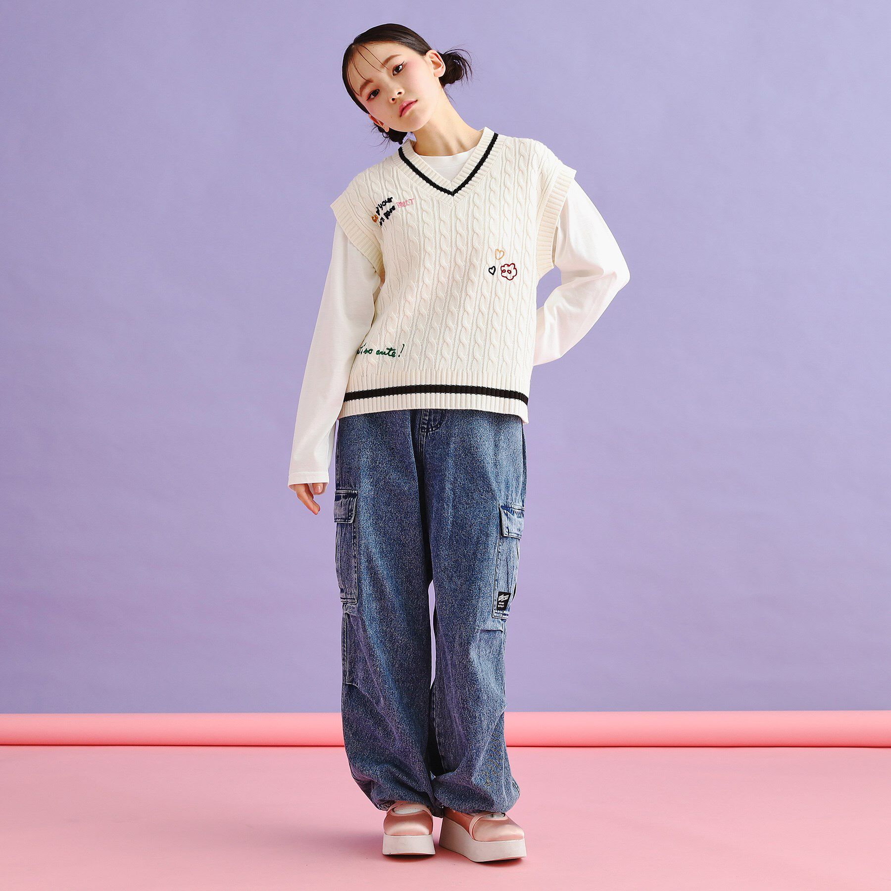 PINK-latte「【SETアイテム】手書き風ニットベスト＋ロンTセット」|その他|