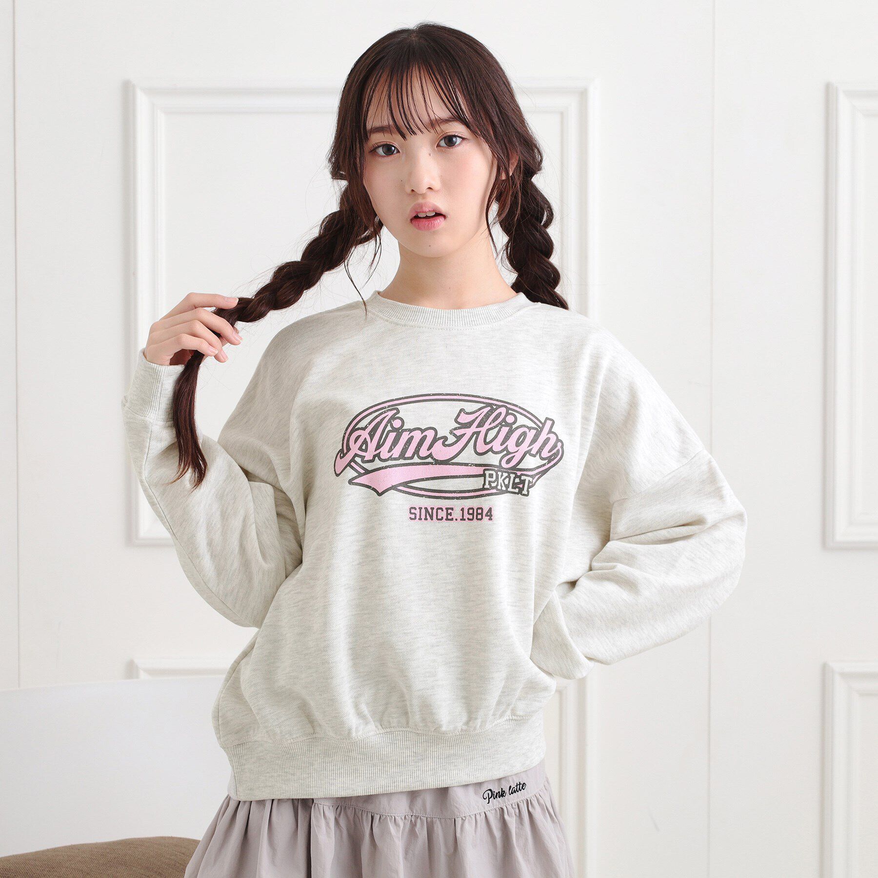 PINK-latte「ミニ裏かすれプリントプルオーバー」|Tシャツ・カットソー|ライトグレー(011