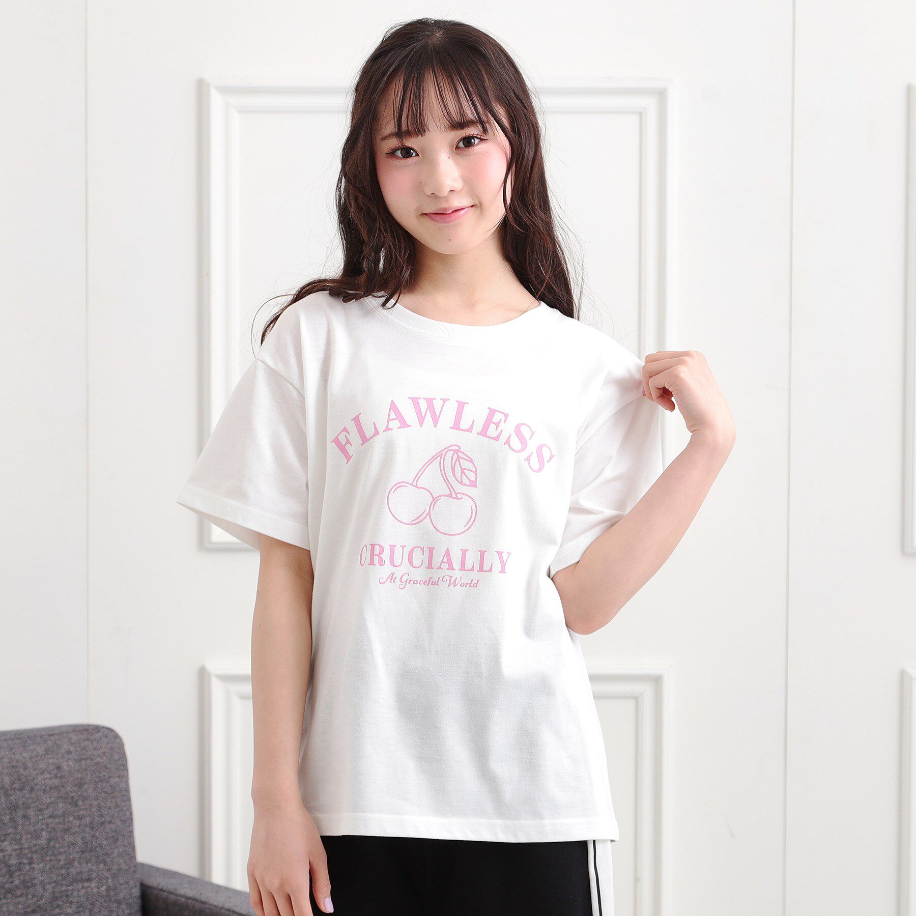 PINK-latte「チェリーモチーフTシャツ」|Tシャツ・カットソー|オフホワイト(003