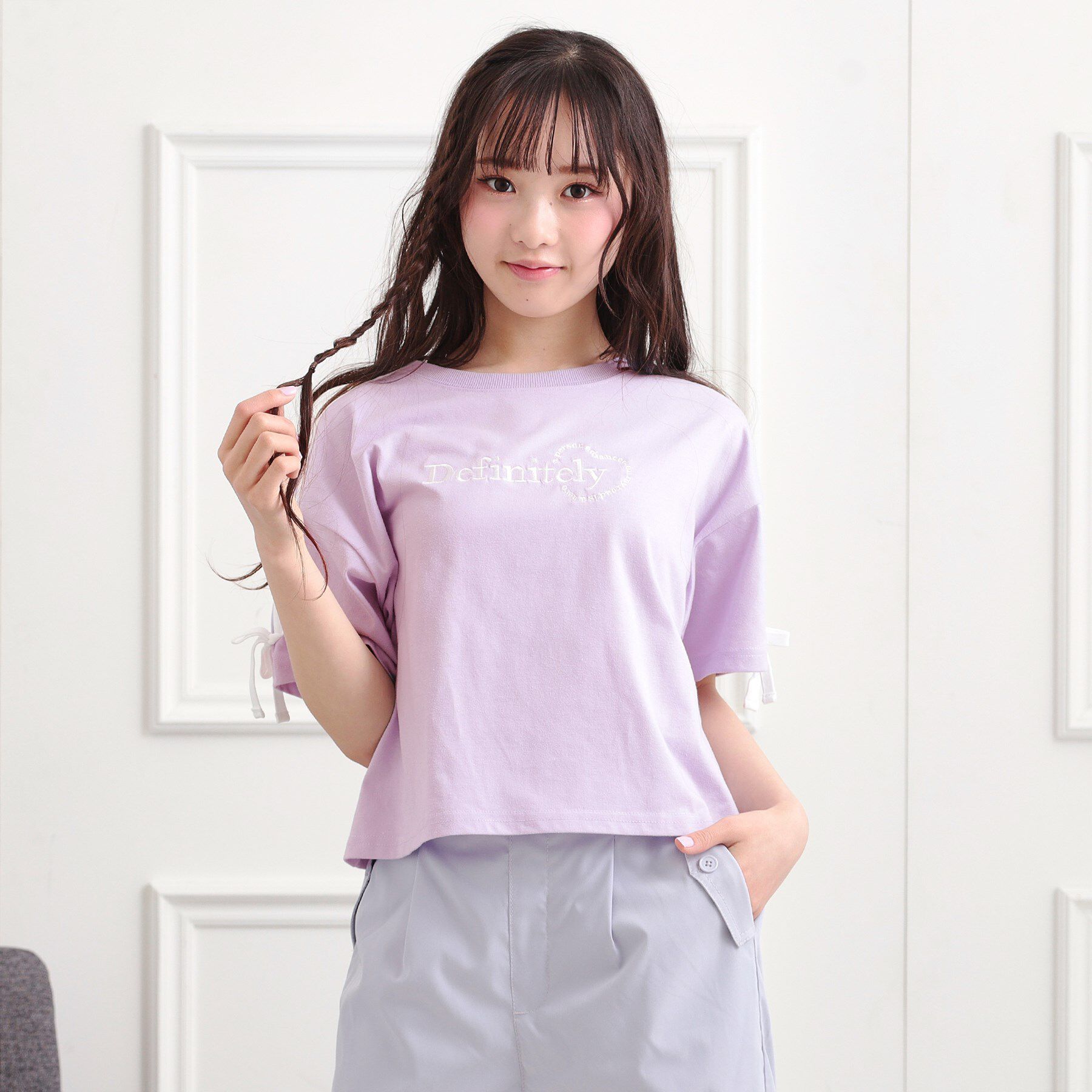 PINK-latte「袖ラインリボンTシャツ」|Tシャツ・カットソー|パープル(081)