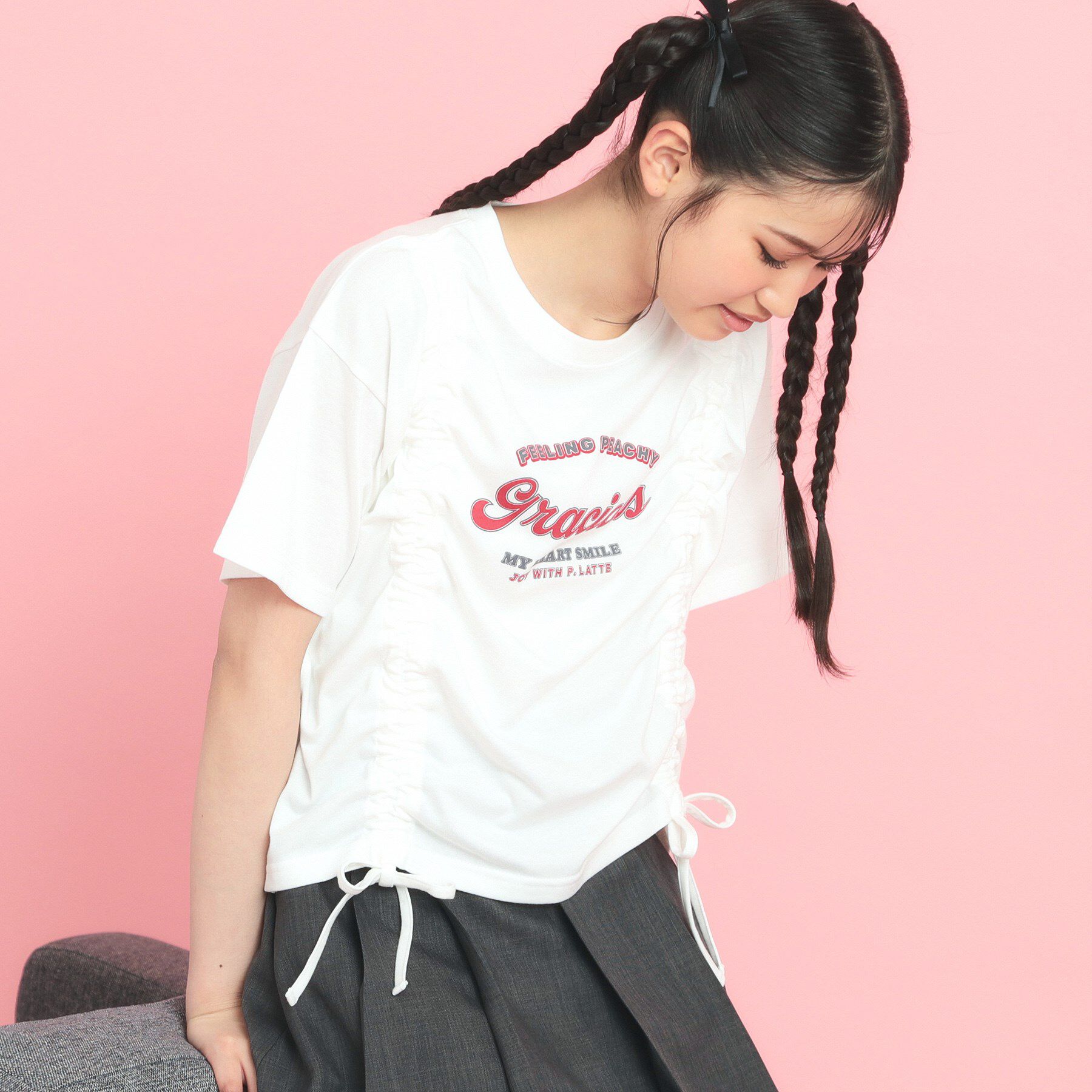PINK-latte「フロントドロストリボンTシャツ」|Tシャツ・カットソー|