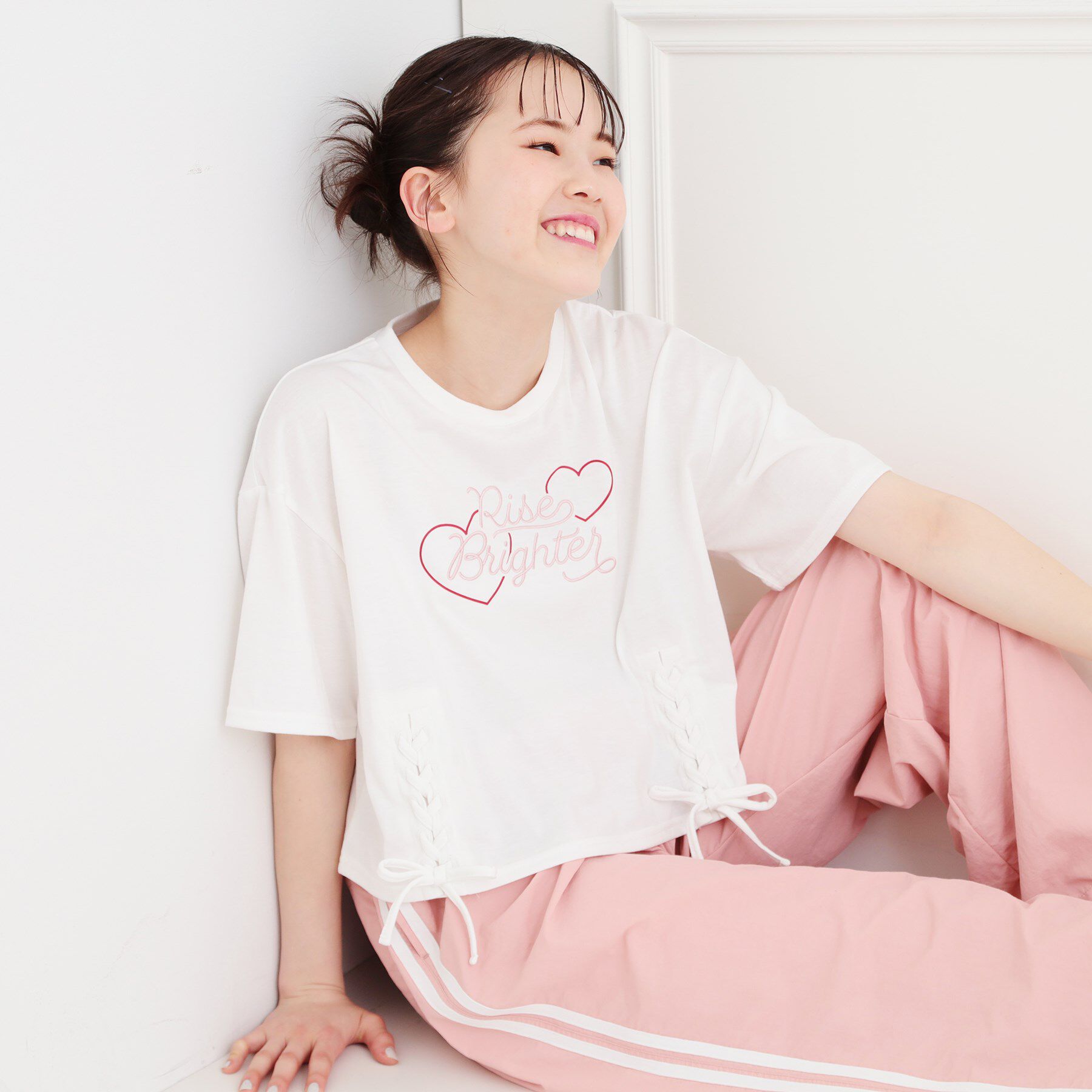 PINK-latte「レースアップTシャツ」|Tシャツ・カットソー|オフホワイト(003
