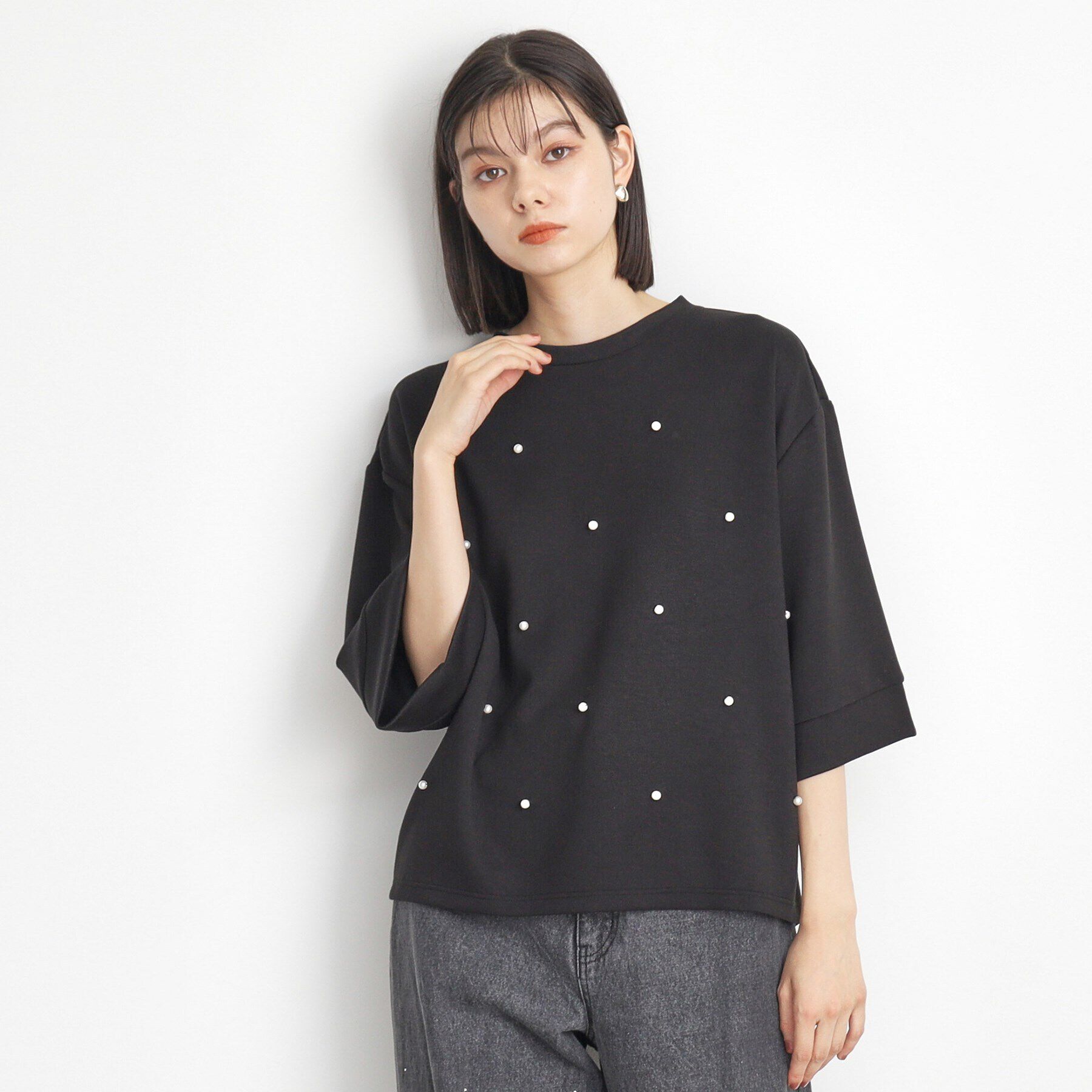 THE SHOP TK「パール付きプルオーバー【洗える】」|Tシャツ・カットソー|ブラック(019)