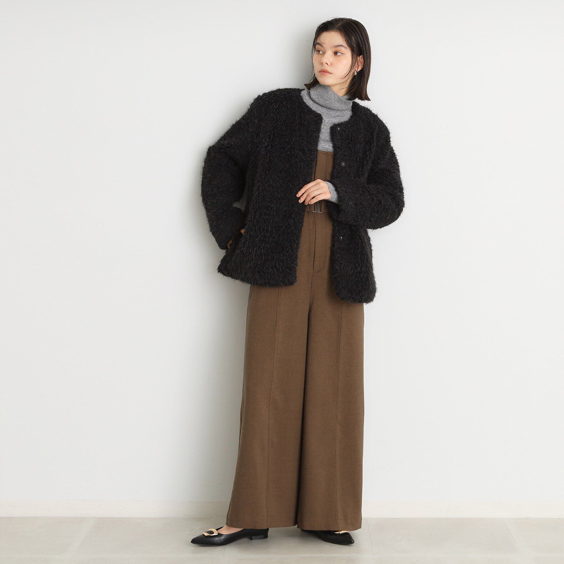 THE SHOP TK「ボアファーノーカラージャケット」|ノーカラーコート|