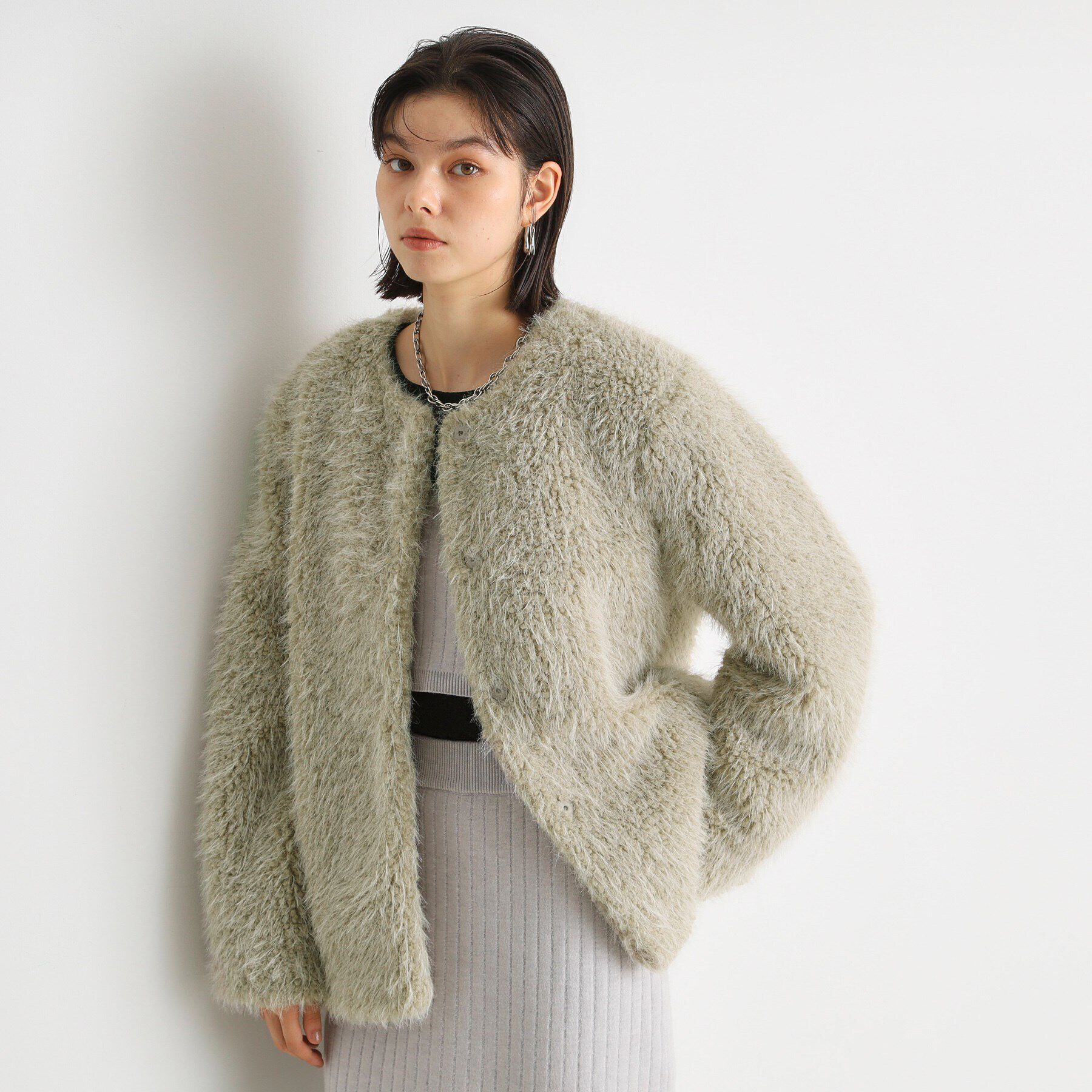 THE SHOP TK「ボアファーノーカラージャケット」|ノーカラーコート|