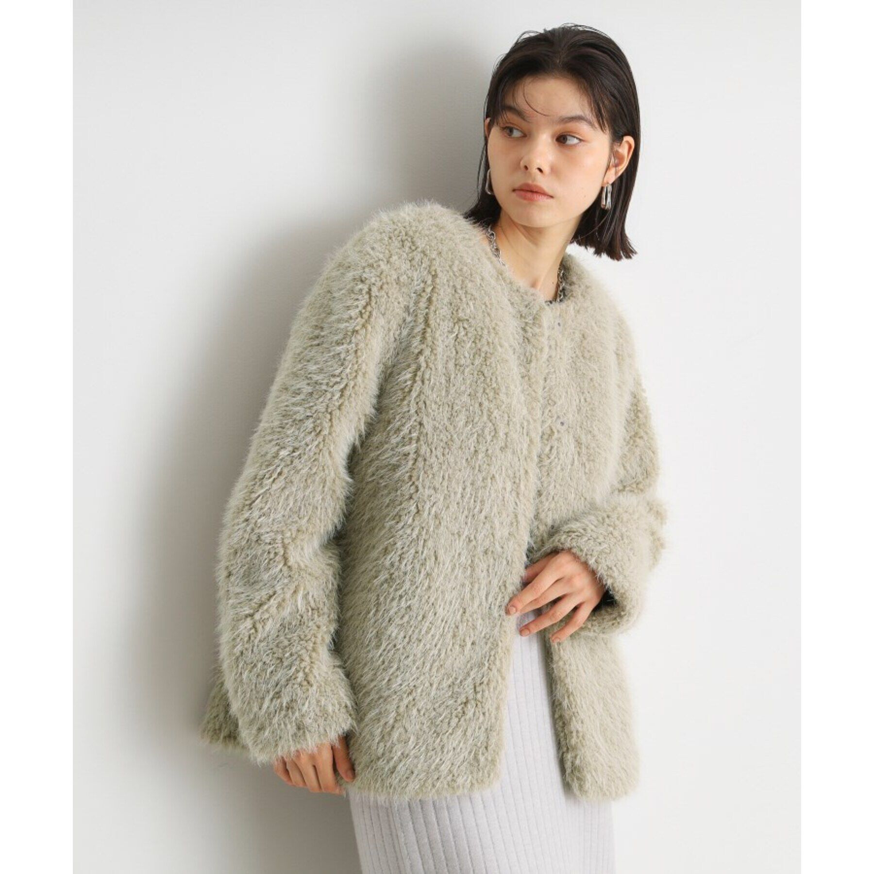 THE SHOP TK「ボアファーノーカラージャケット」|ノーカラーコート|