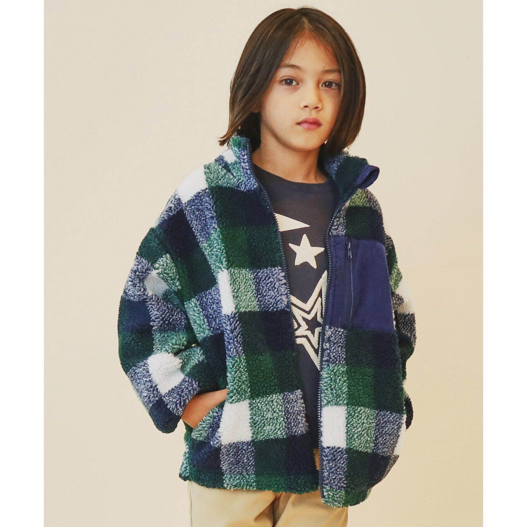 THE SHOP TK「【100-150】チェック＆ハート柄ボアブルゾン/洗濯機OK」|ブルゾン・スタジャン|ネイビー(294)