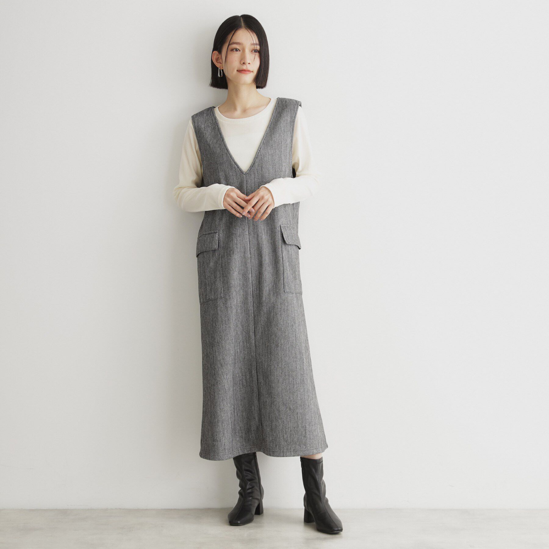 THE SHOP TK「アソート柄Vネックジャンスカ/洗える」|ワンピース|ブラック(419)