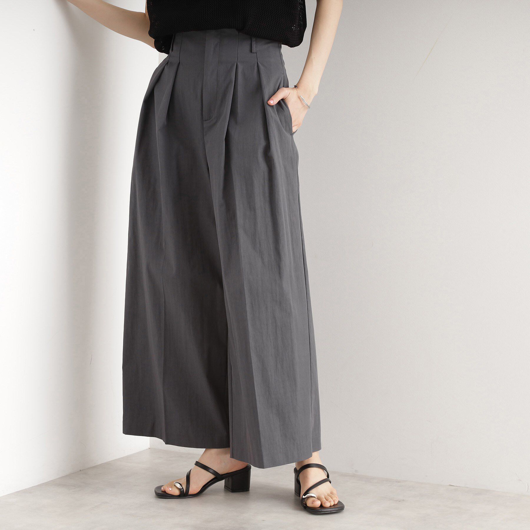 THE SHOP TK「ハイウエストタックワイドパンツ【洗える】」|その他|スミクロ(018)