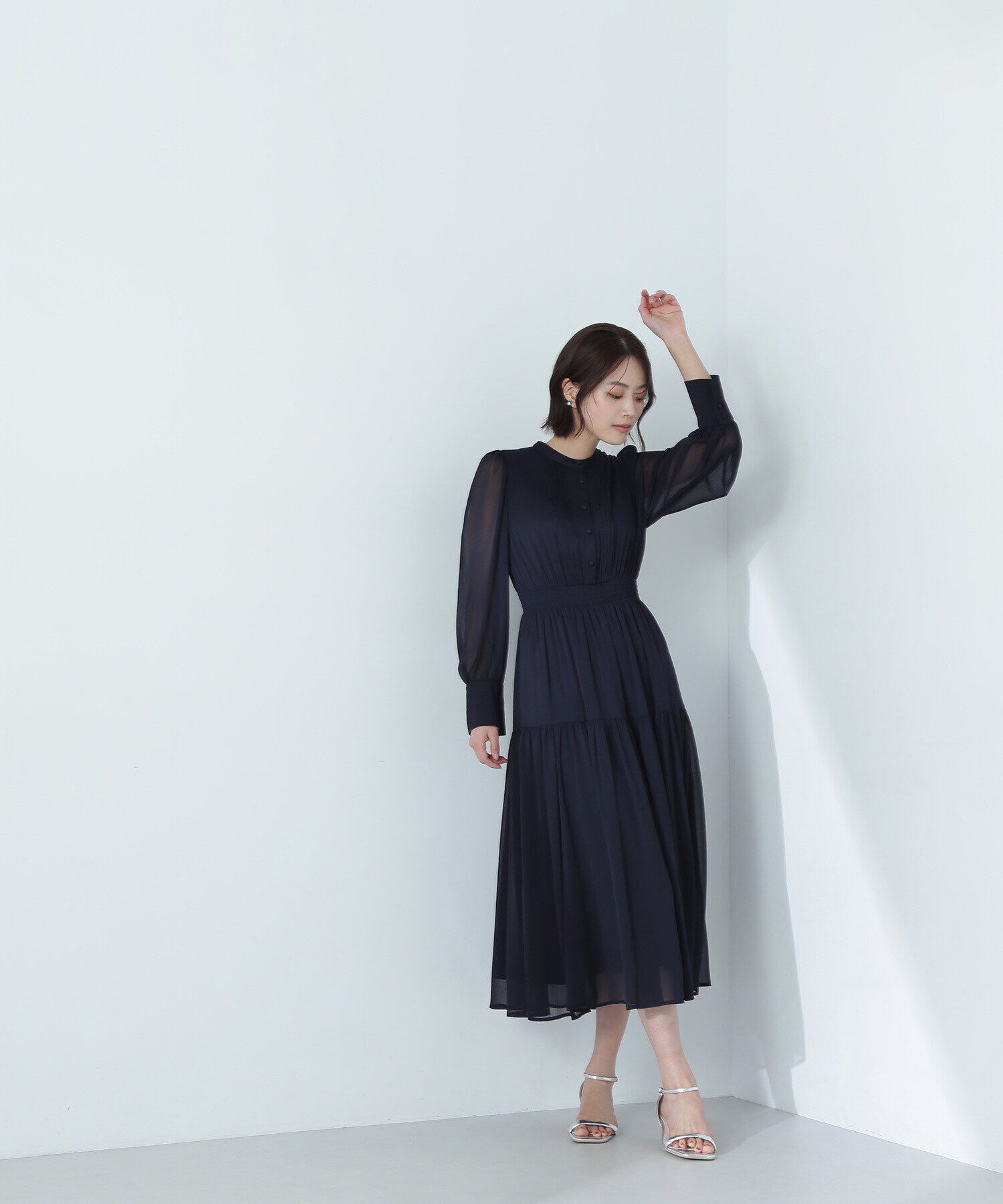  「シアー楊柳ギャザーワンピース」|ワンピース|ネイビー
