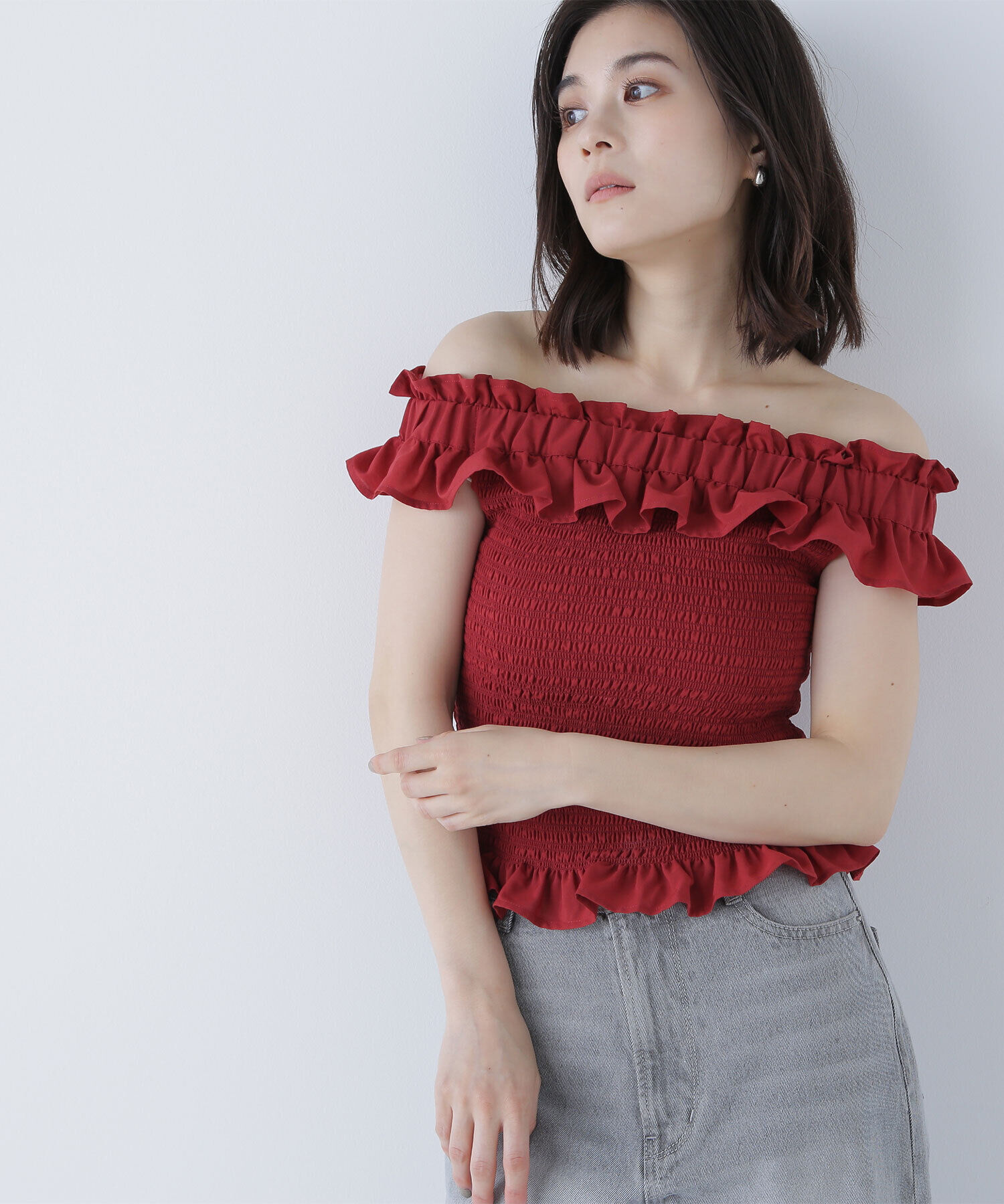  「フリルシャーリングオフショルブラウス」|シャツ・ブラウス|アカ