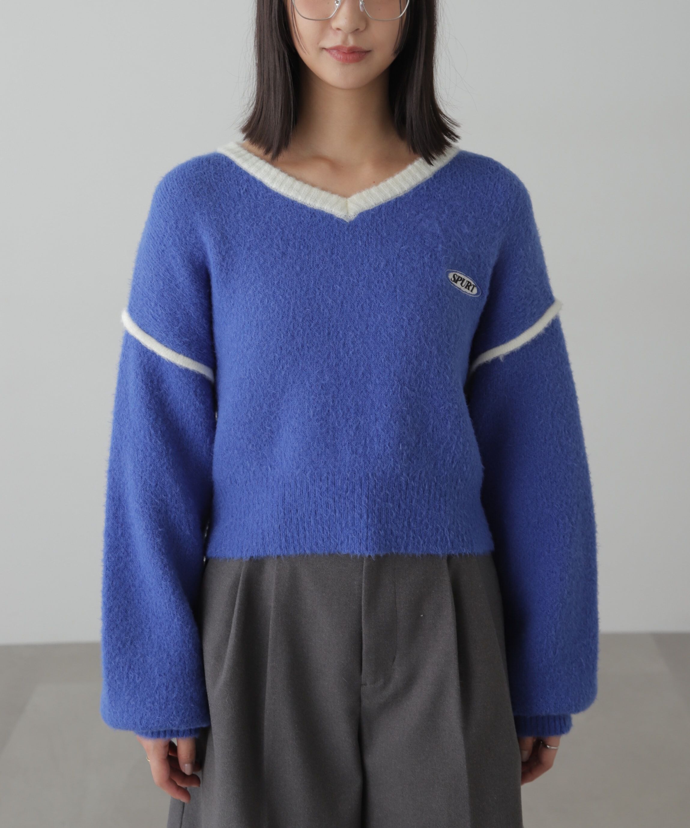  「Vネック配色ショート丈ニット」|ニット・セーター|