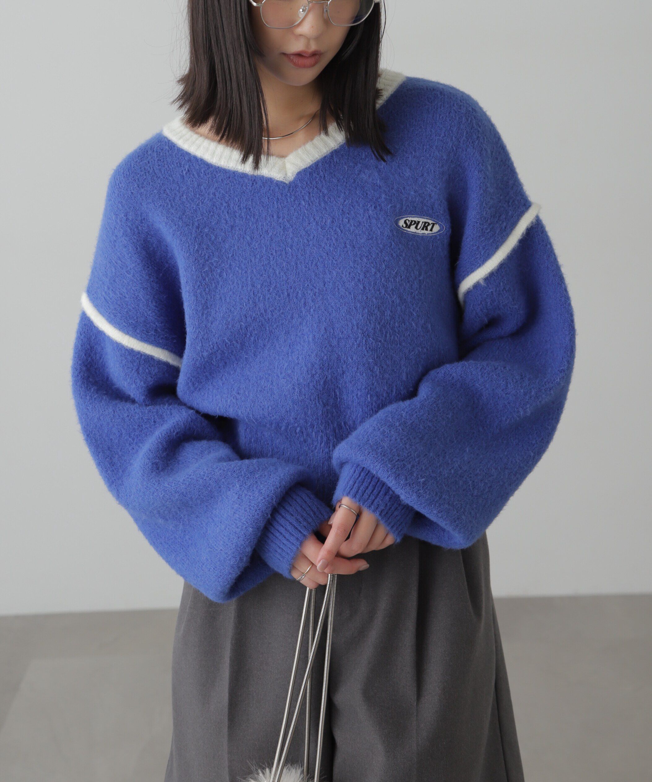  「Vネック配色ショート丈ニット」|ニット・セーター|