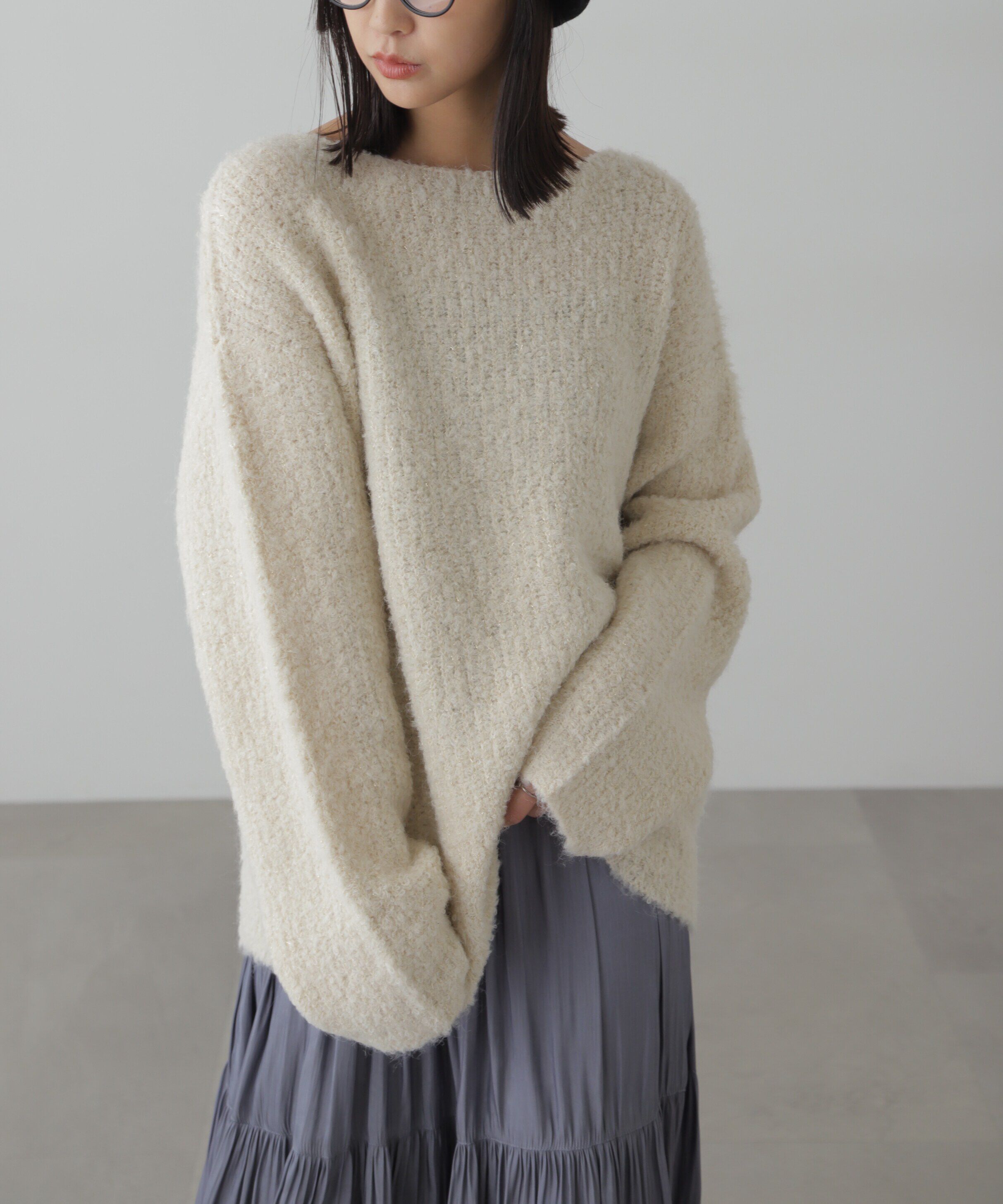  「ラメミックスブークレー畦ニット」|ニット・セーター|オフホワイト