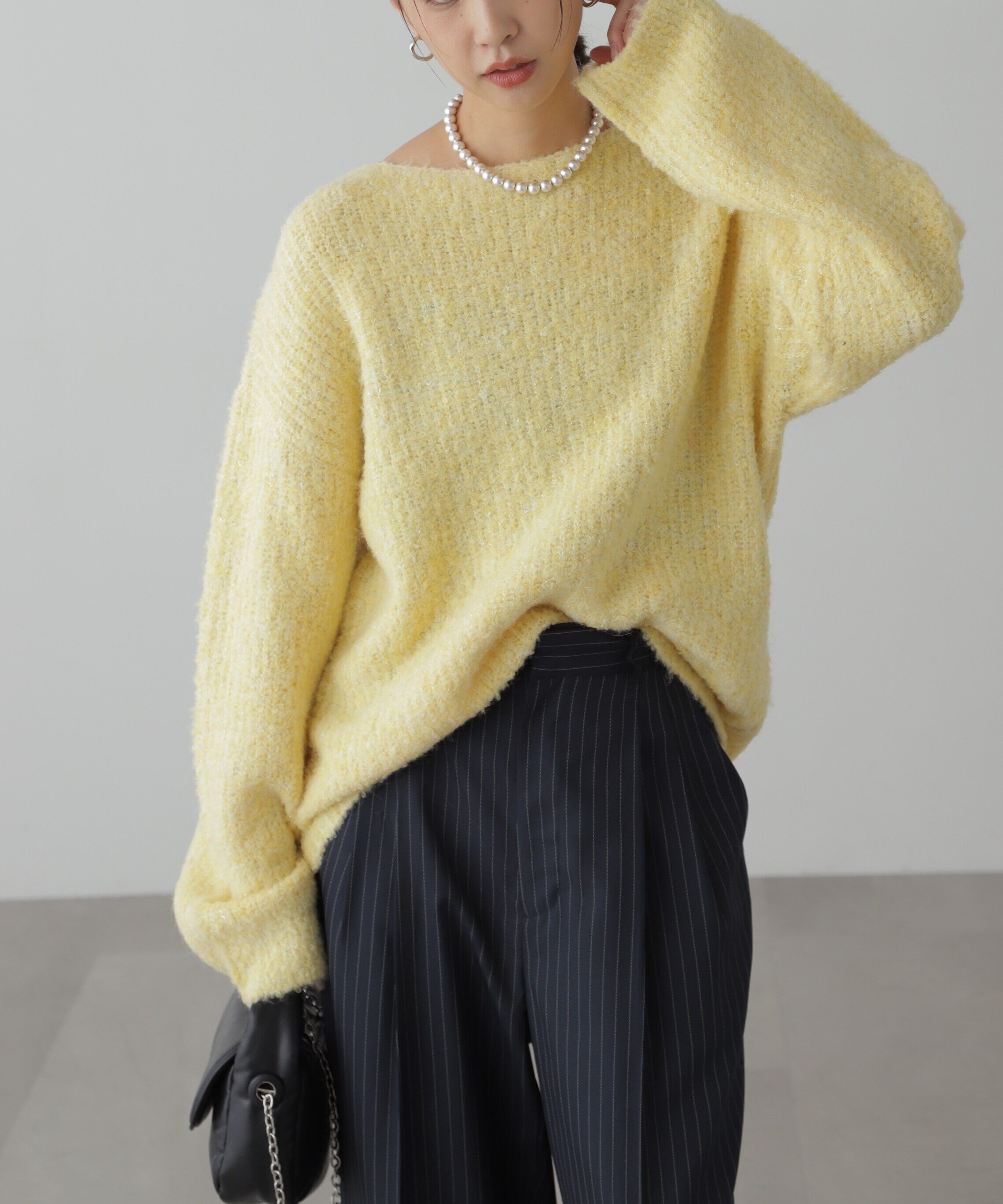  「ラメミックスブークレー畦ニット」|ニット・セーター|イエロー