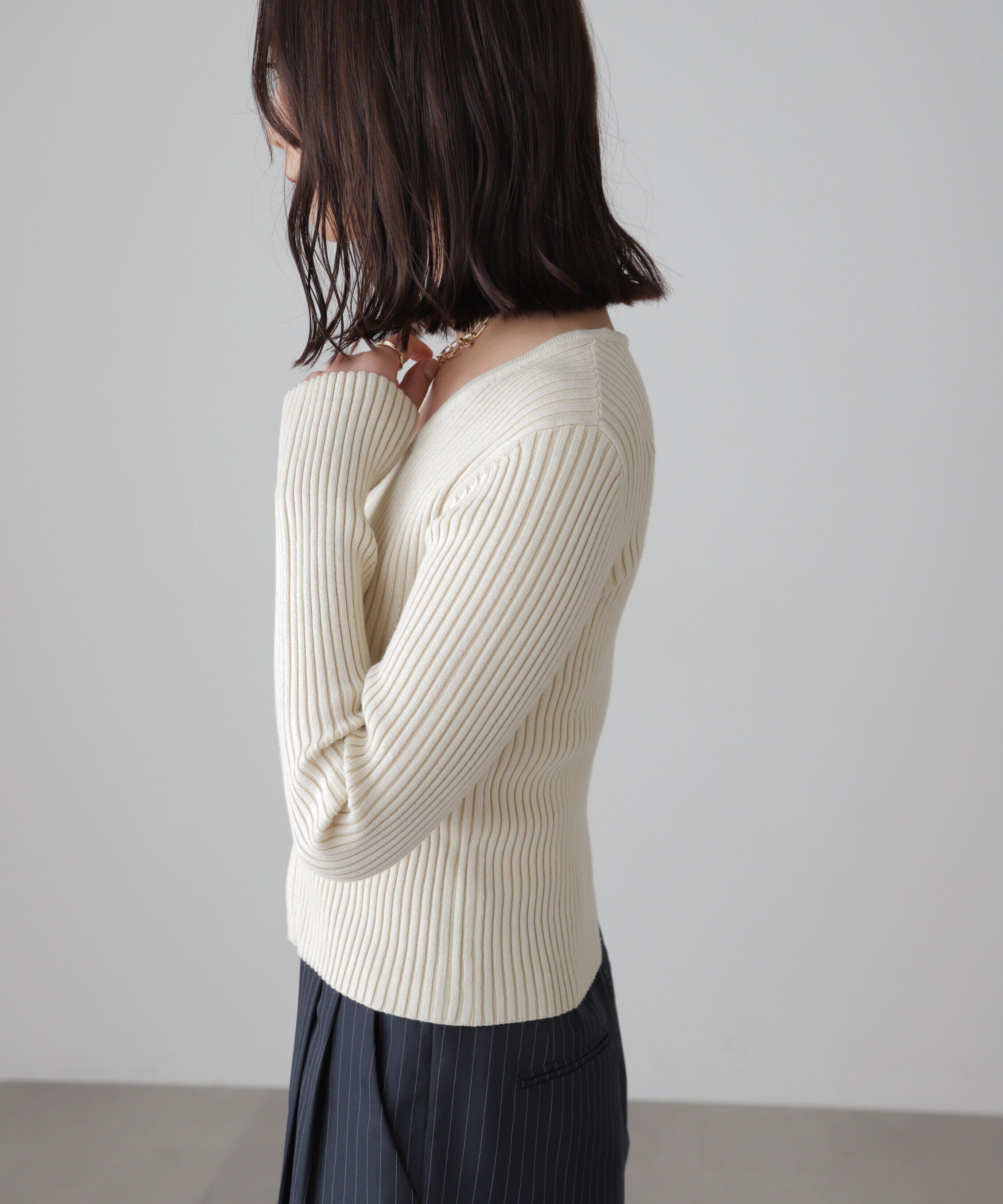  「フロントジップリブVネックニット」|ニット・セーター|