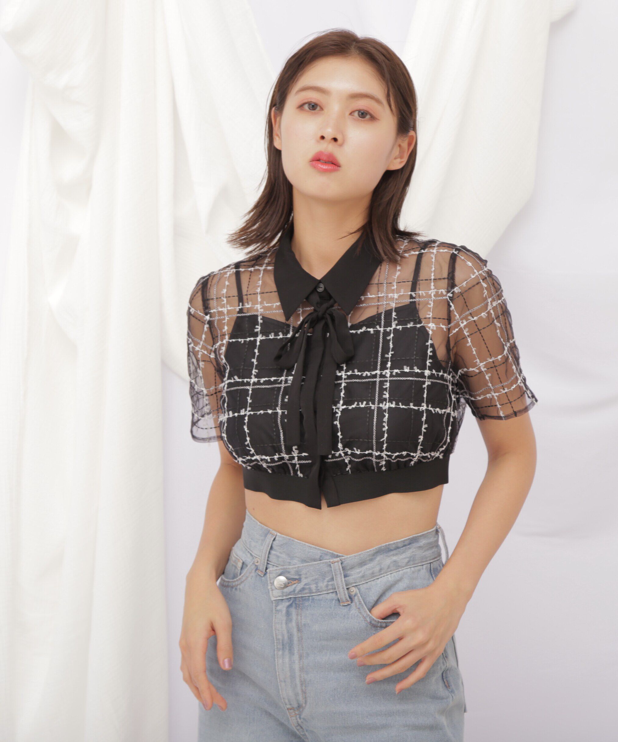  「◇シアーチェックショート丈ブラウス」|シャツ・ブラウス|