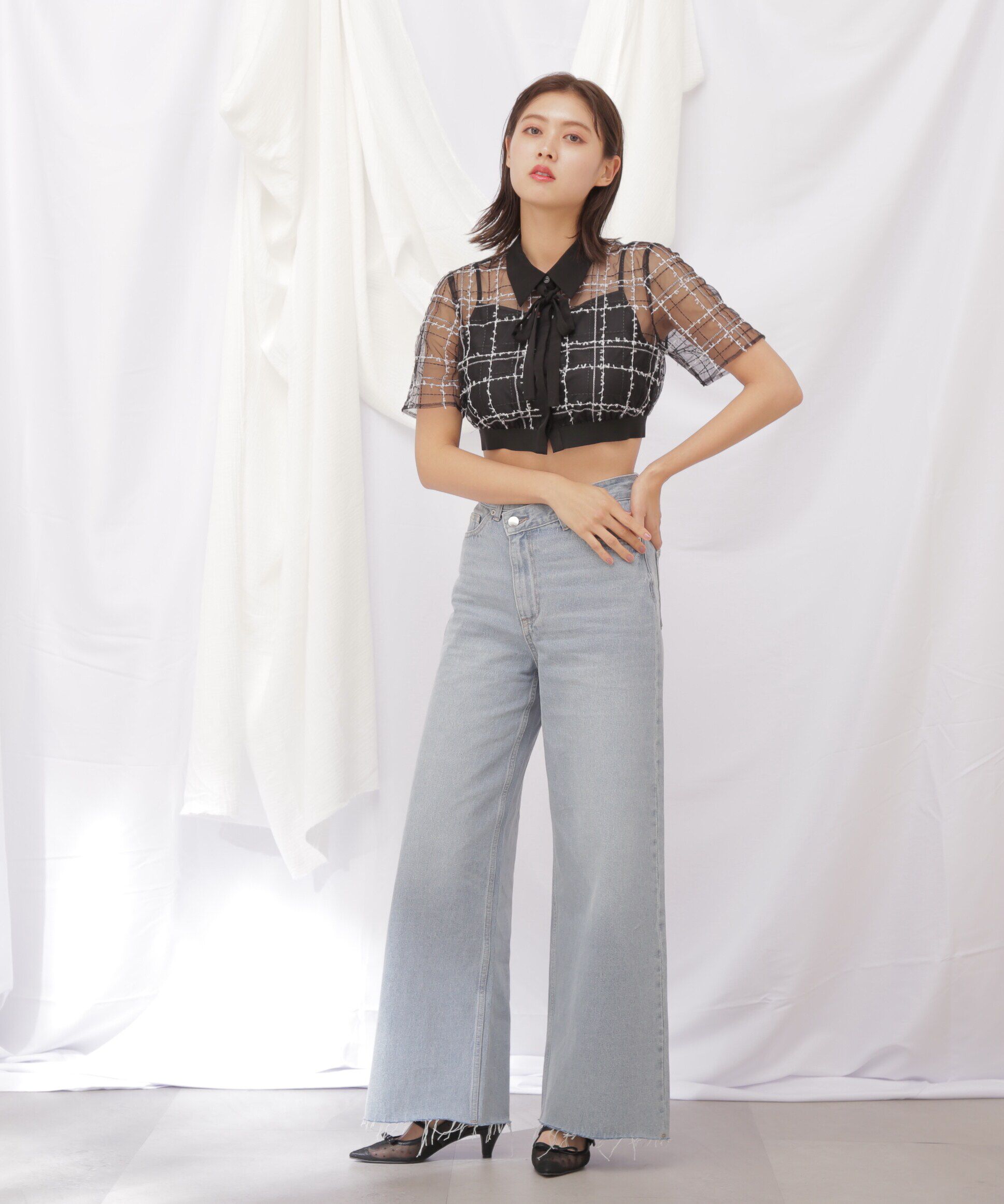  「◇シアーチェックショート丈ブラウス」|シャツ・ブラウス|