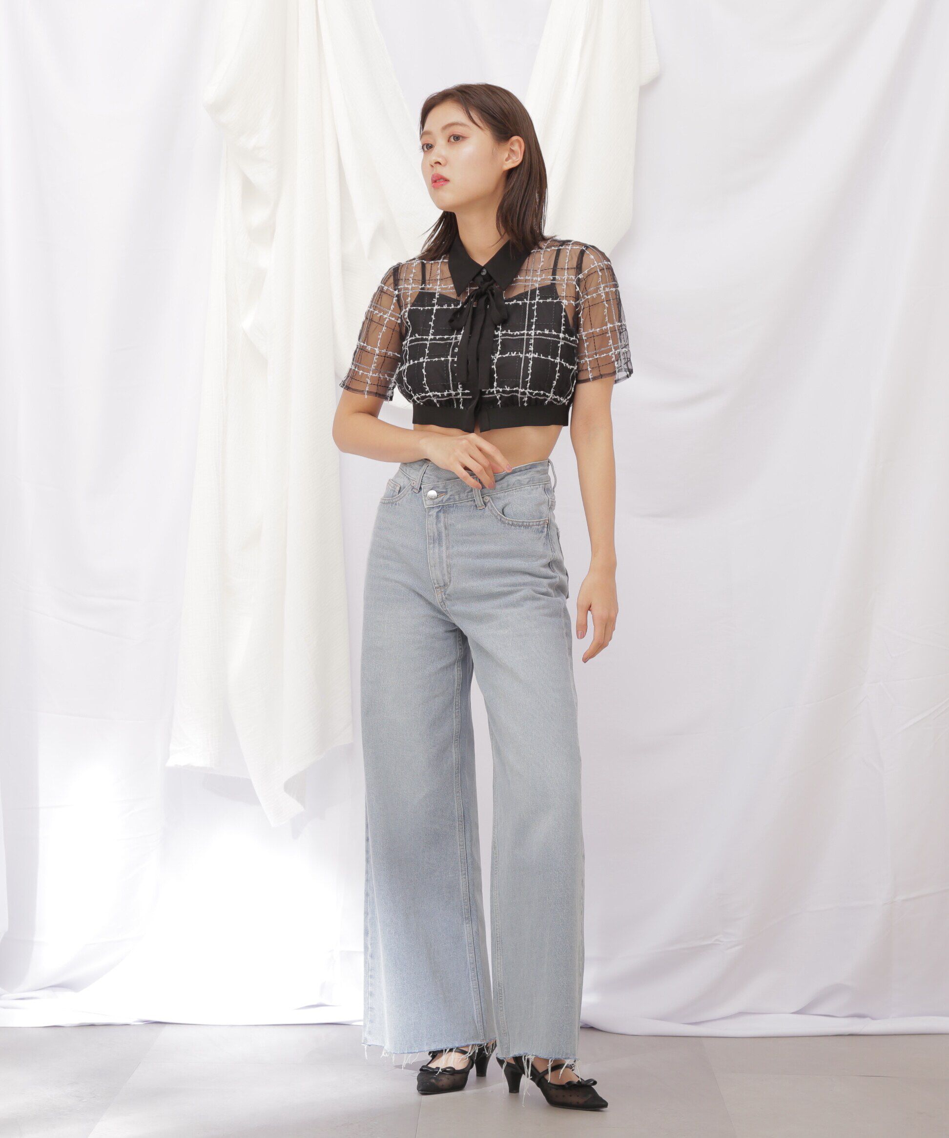  「◇シアーチェックショート丈ブラウス」|シャツ・ブラウス|