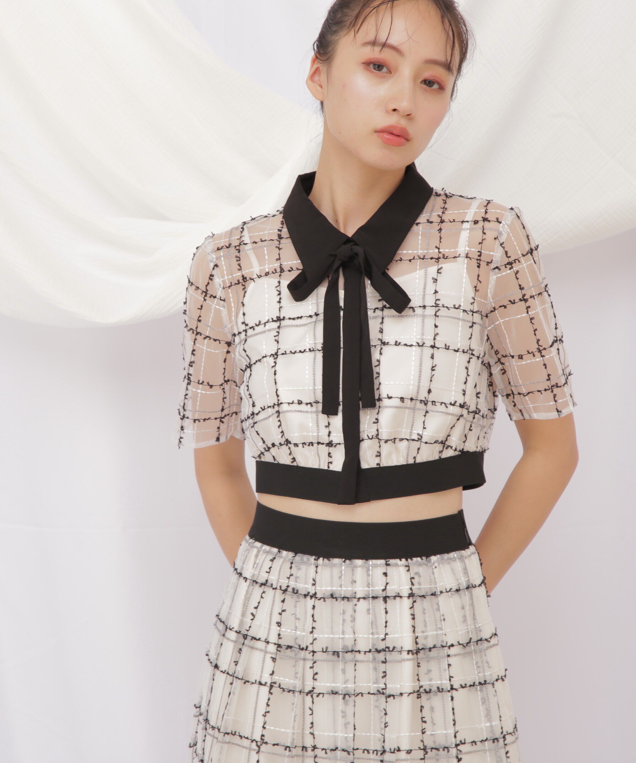  「◇シアーチェックショート丈ブラウス」|シャツ・ブラウス|