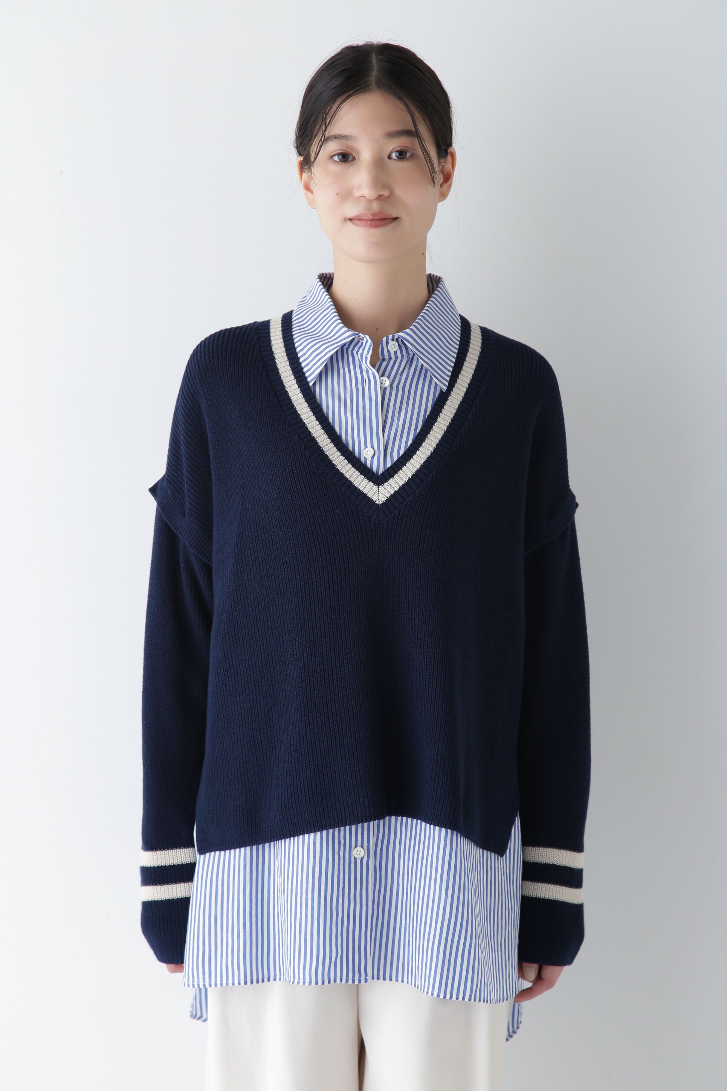  「◆【ウォッシャブル】2WAYライン入Ｖネックプルオーバー」|ニット・セーター|