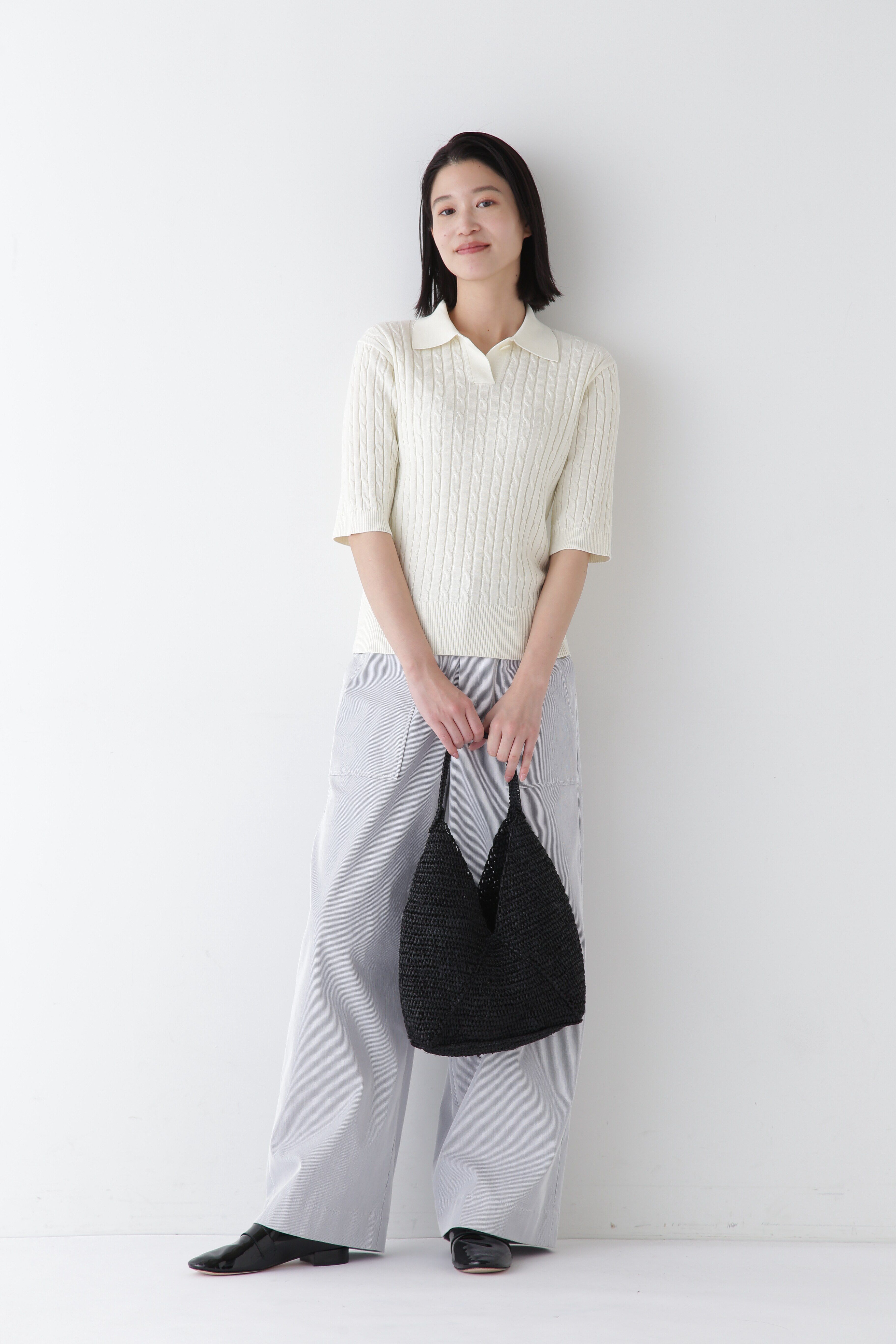  「◆【ウォッシャブル】コットンケーブル柄ポロニットプルオーバー」|ニット・セーター|