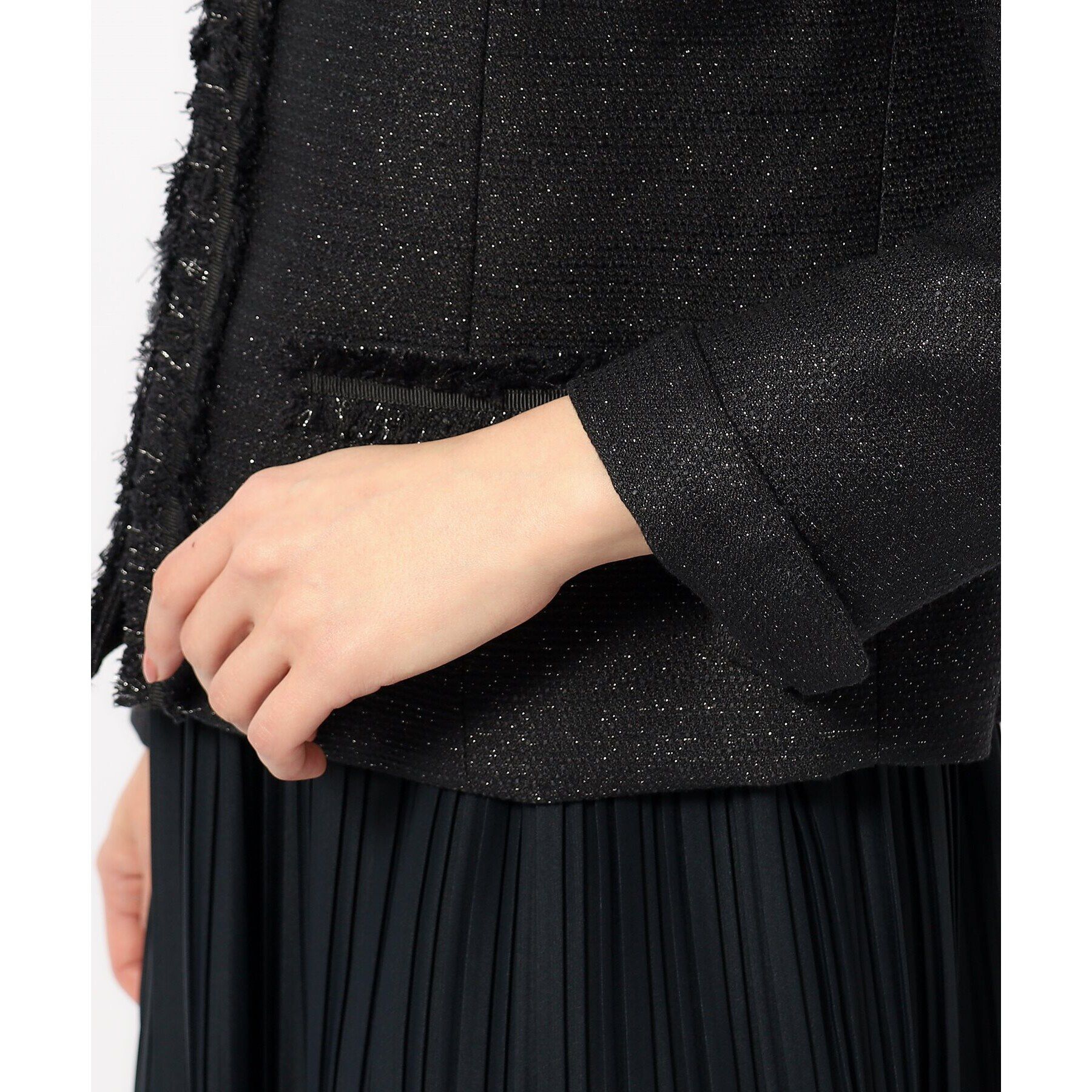 SHOO･LA･RUE「【S-3L】ツイードフリンジノーカラージャケット」|ノーカラージャケット|