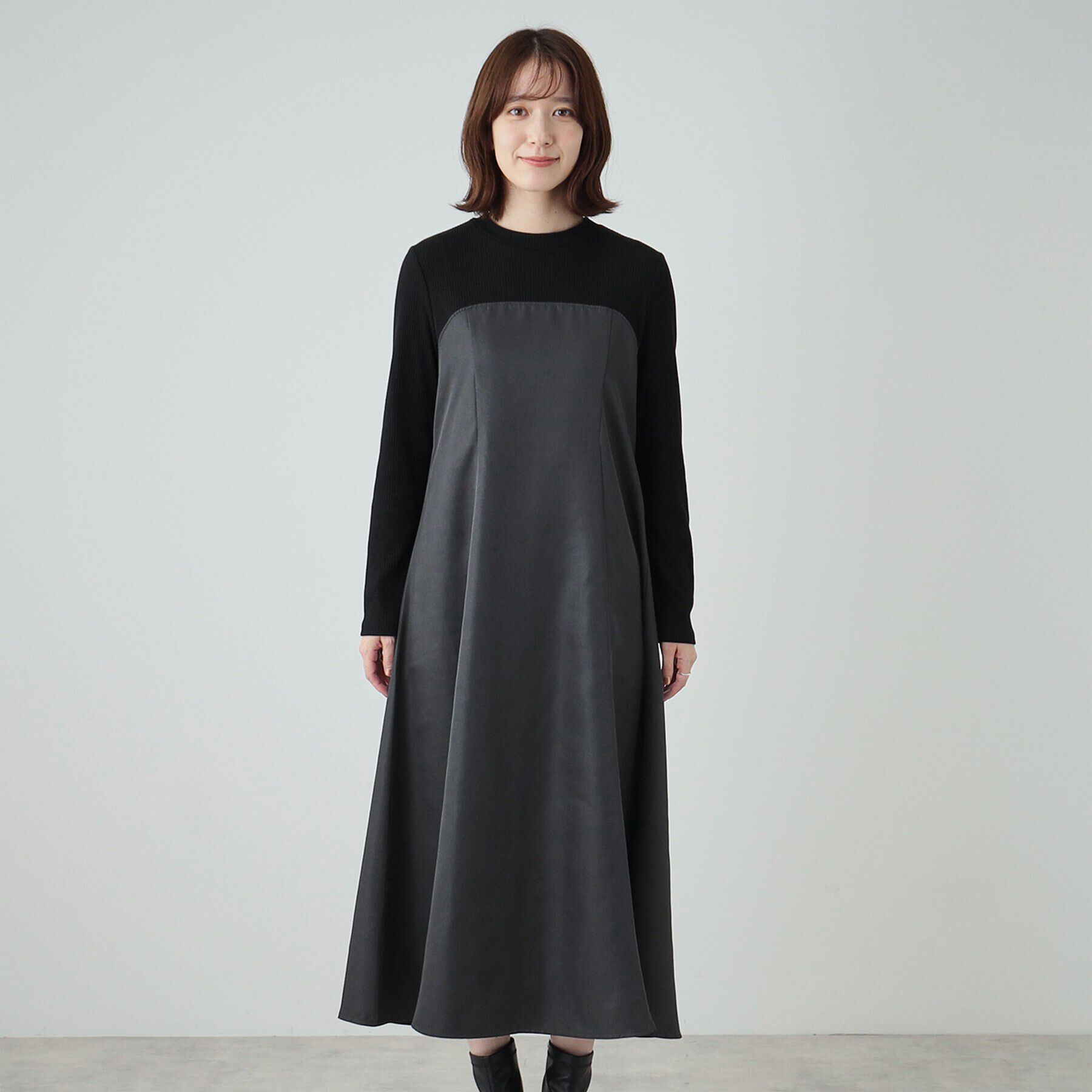 SHOO･LA･RUE「【S-LL】楽して好印象 大人のための 異素材ドッキングフレアワンピース」|ワンピース|