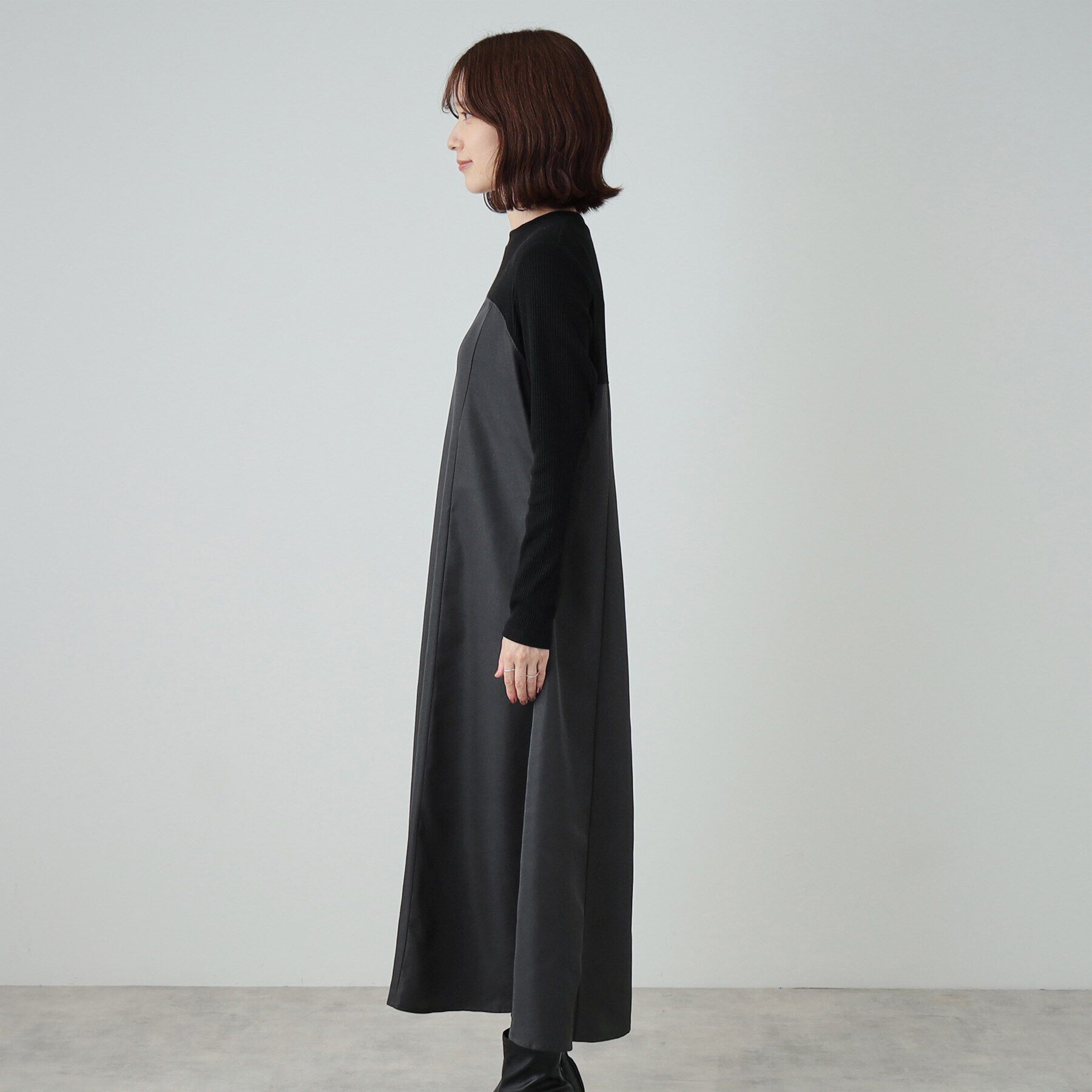 SHOO･LA･RUE「【S-LL】楽して好印象 大人のための 異素材ドッキングフレアワンピース」|ワンピース|