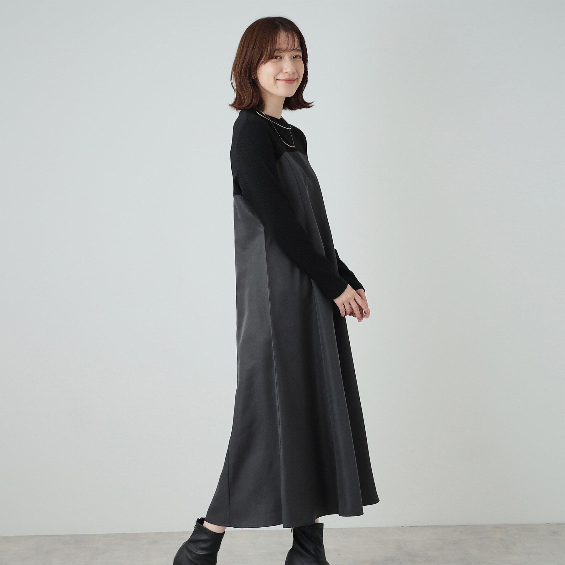 SHOO･LA･RUE「【S-LL】楽して好印象 大人のための 異素材ドッキングフレアワンピース」|ワンピース|